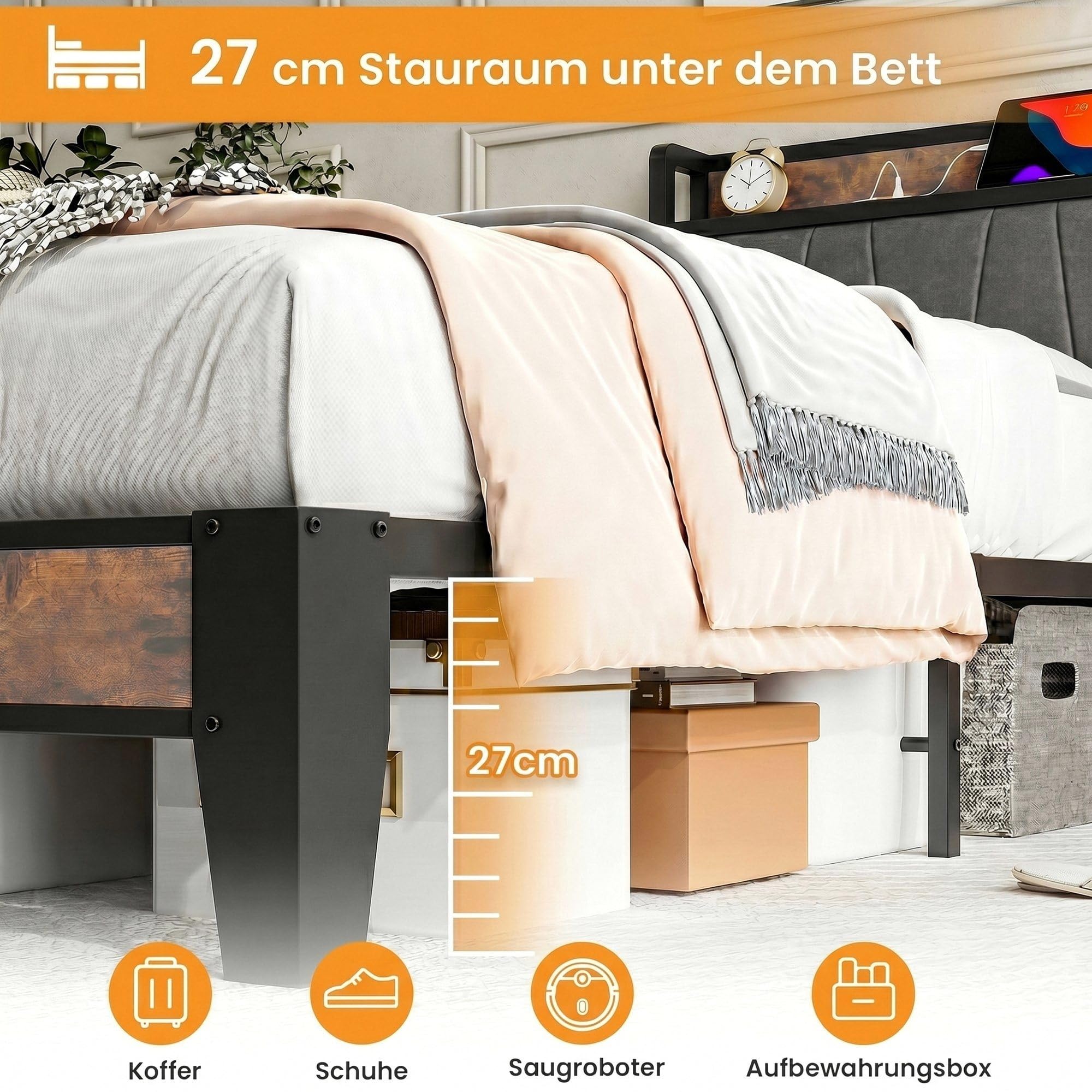IRONCK Bett 140x200 mit Ladestation (2 AC-Steckdosen, USB-A, USB-C), Bettgestell mit Gepolstertem Kopfteil & Stauraum, Doppelbett für Schlafzimmer, Stabiles Metallbett in Retro Grau