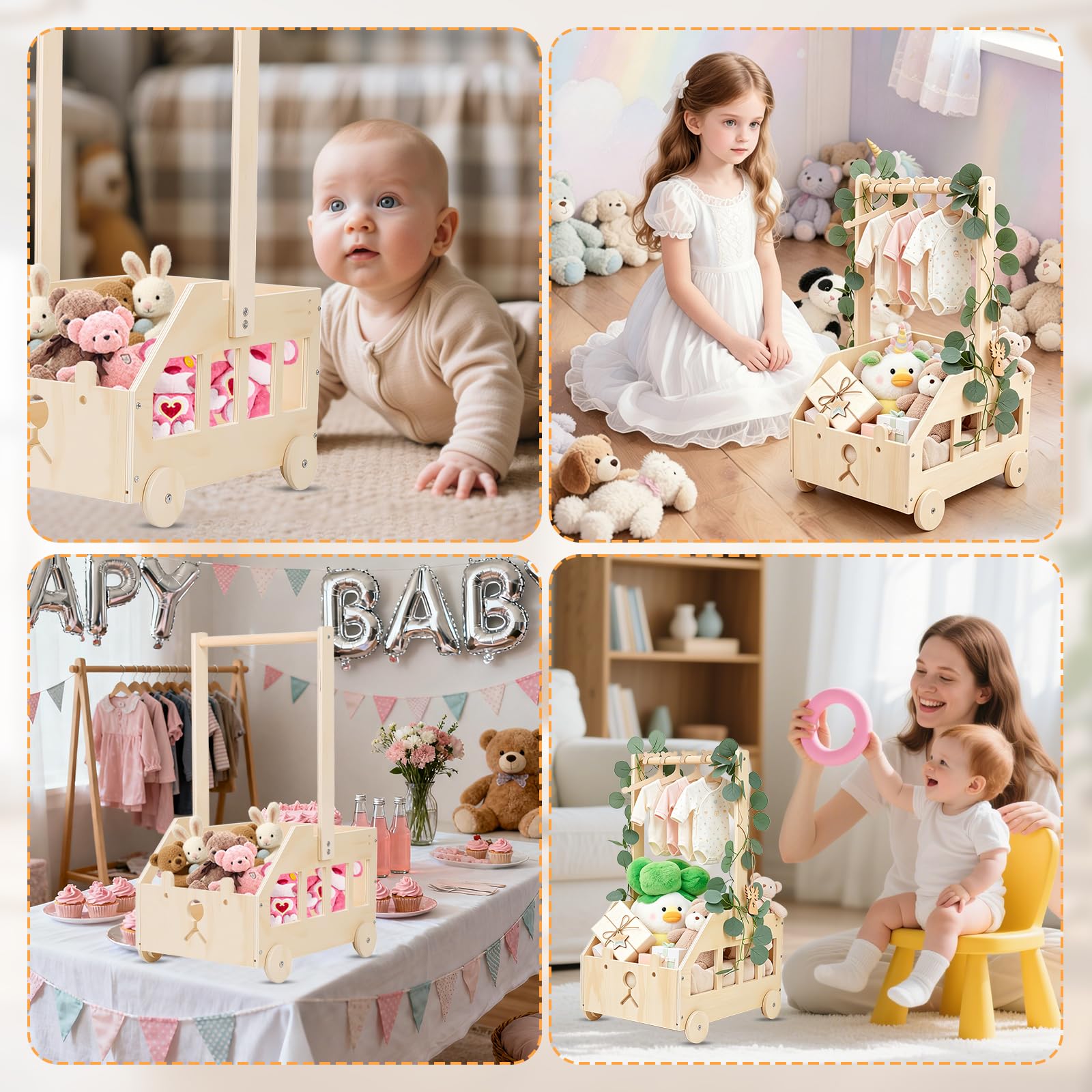 Cesto Nascita Bimbo in Legno con Ruote, Maniglia e 5 Grucce, Cesto Regalo Organizzatore per Prodotti Neonato, Idea Regalo Nascita e Regalo Baby Shower, Design Orsetto per Cameretta