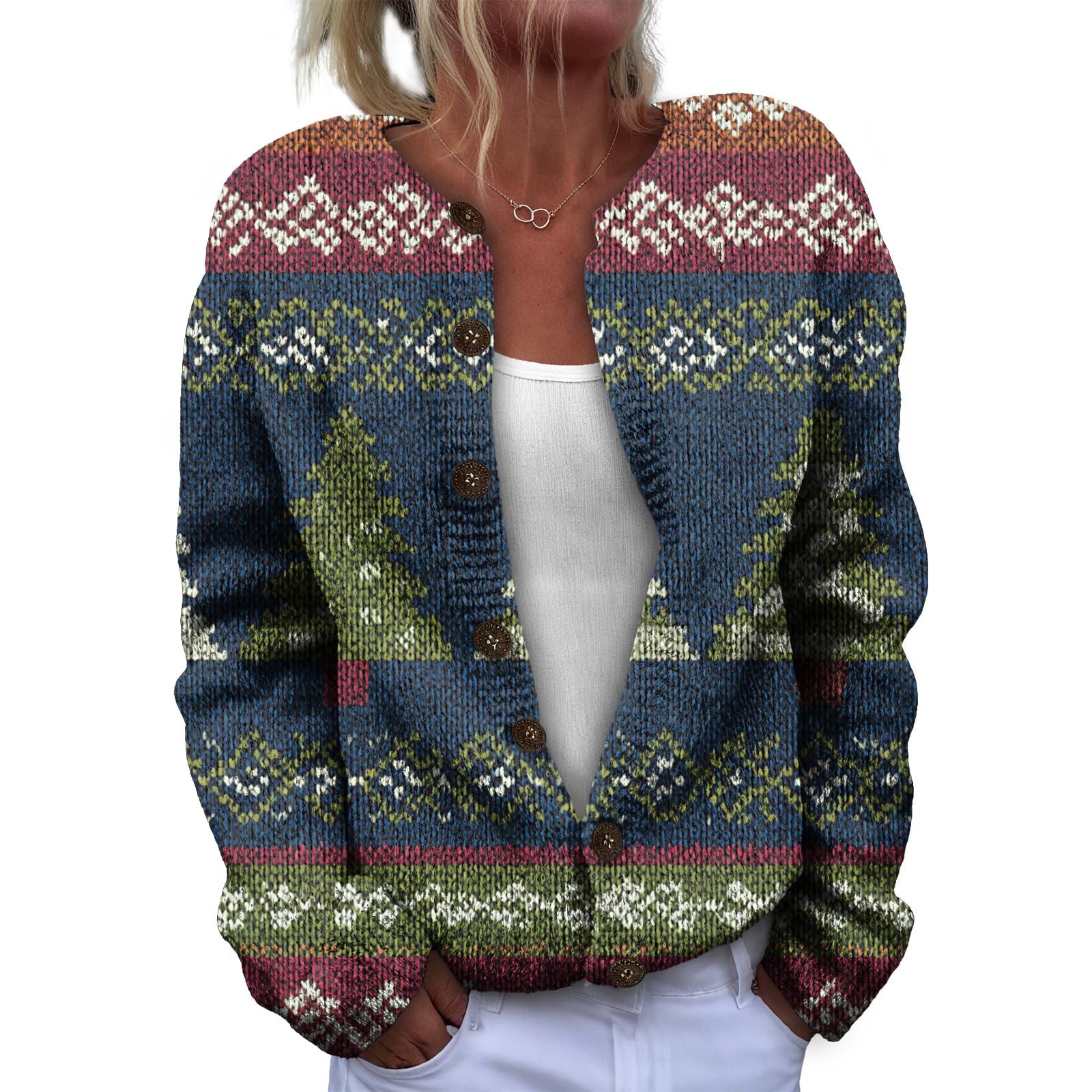 HOTYD Christmas Cardigan Sweaters for Women Snowflake Christmas Tree Print Button Down Open Front Lightweight Winter Sweaters