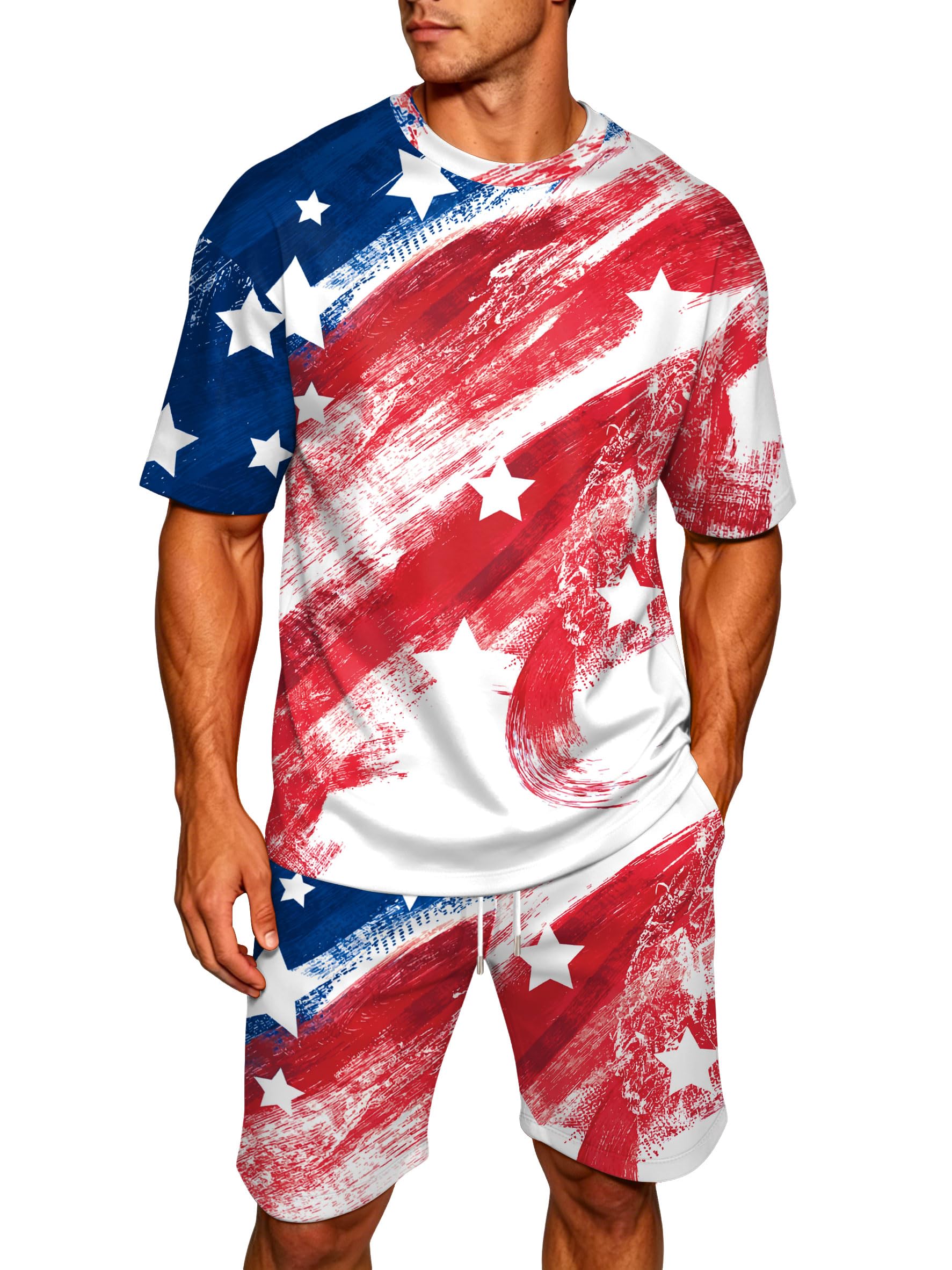 Ithalt Patriotic Shirts for Men 4th of July Outfit 2 Piece Set Short Sleeve and Shorts American Flag 250th Anniversary