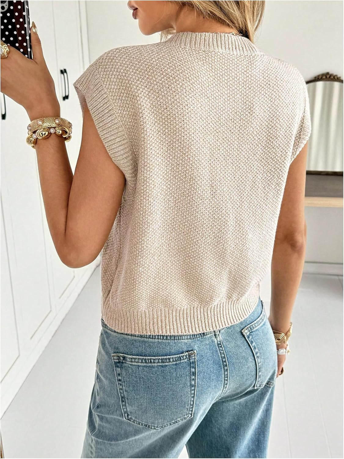 SHENHE Women's Crewneck Cap Sleeve Cardigan Sweater Button Down Summer Knit Vest Cardigan - Image 2