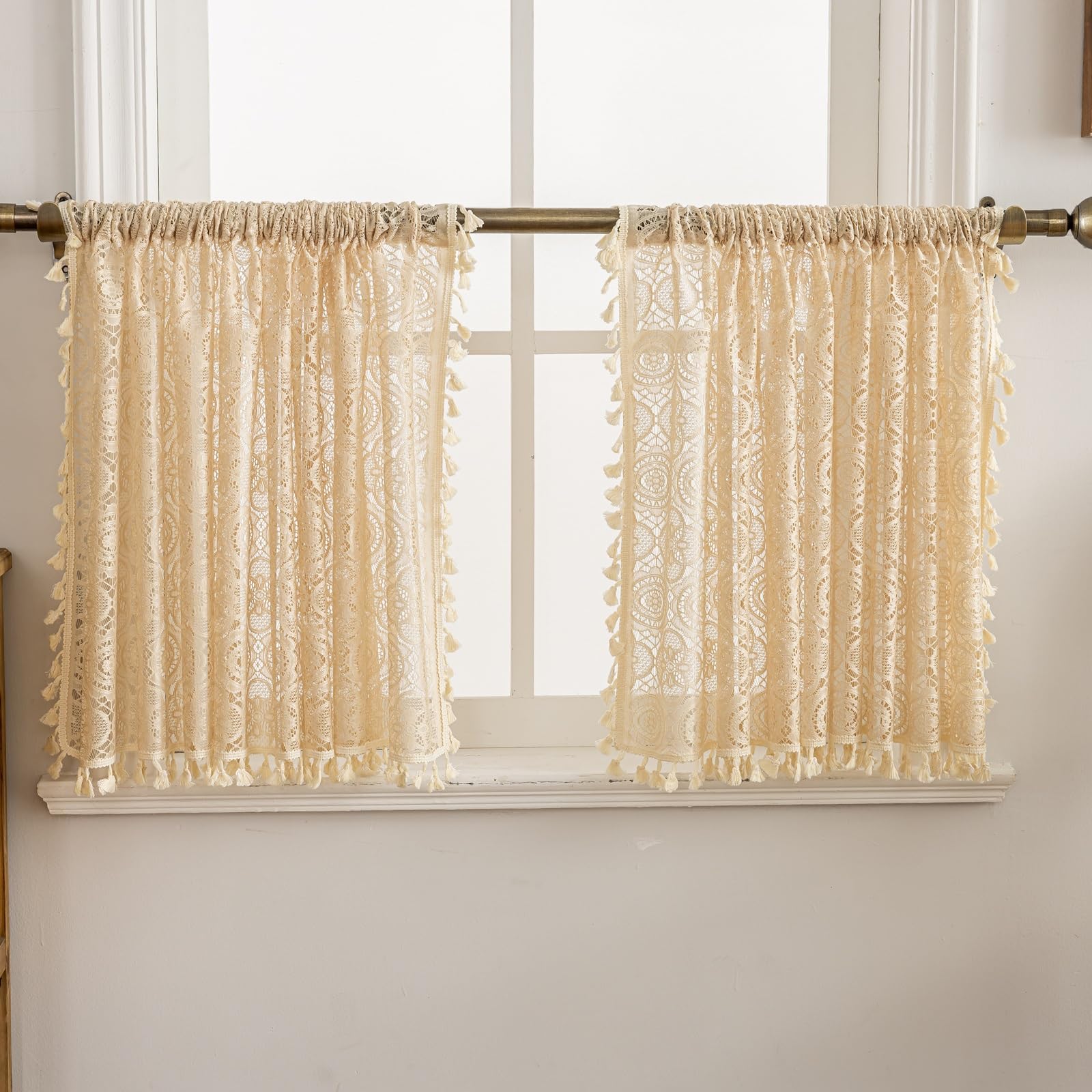 YJ YANJUN Boho Cafe Curtains 24 inch Length 2 Panels,Each 59" W x 24" L, Beige Crochet Kitchen Window Curtains Over Sink Farmhouse Mini Tier Curtain Panels for Laundry Room Basement Bathroom RV โ image 1