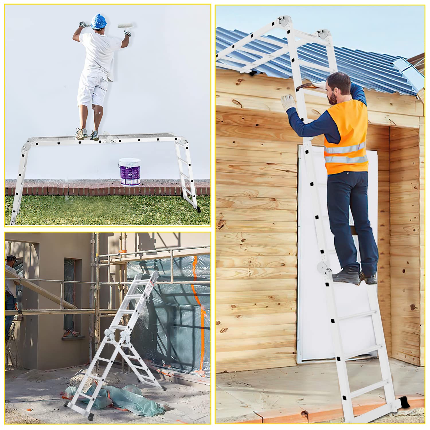 Herrselsam Scala multiuso 4 x 4, 7 in 1, 470 cm, in alluminio, con 2 piattaforme e ruote, portata massima 150 kg, scala multifunzione 16 pioli (DY8972-M-1x)