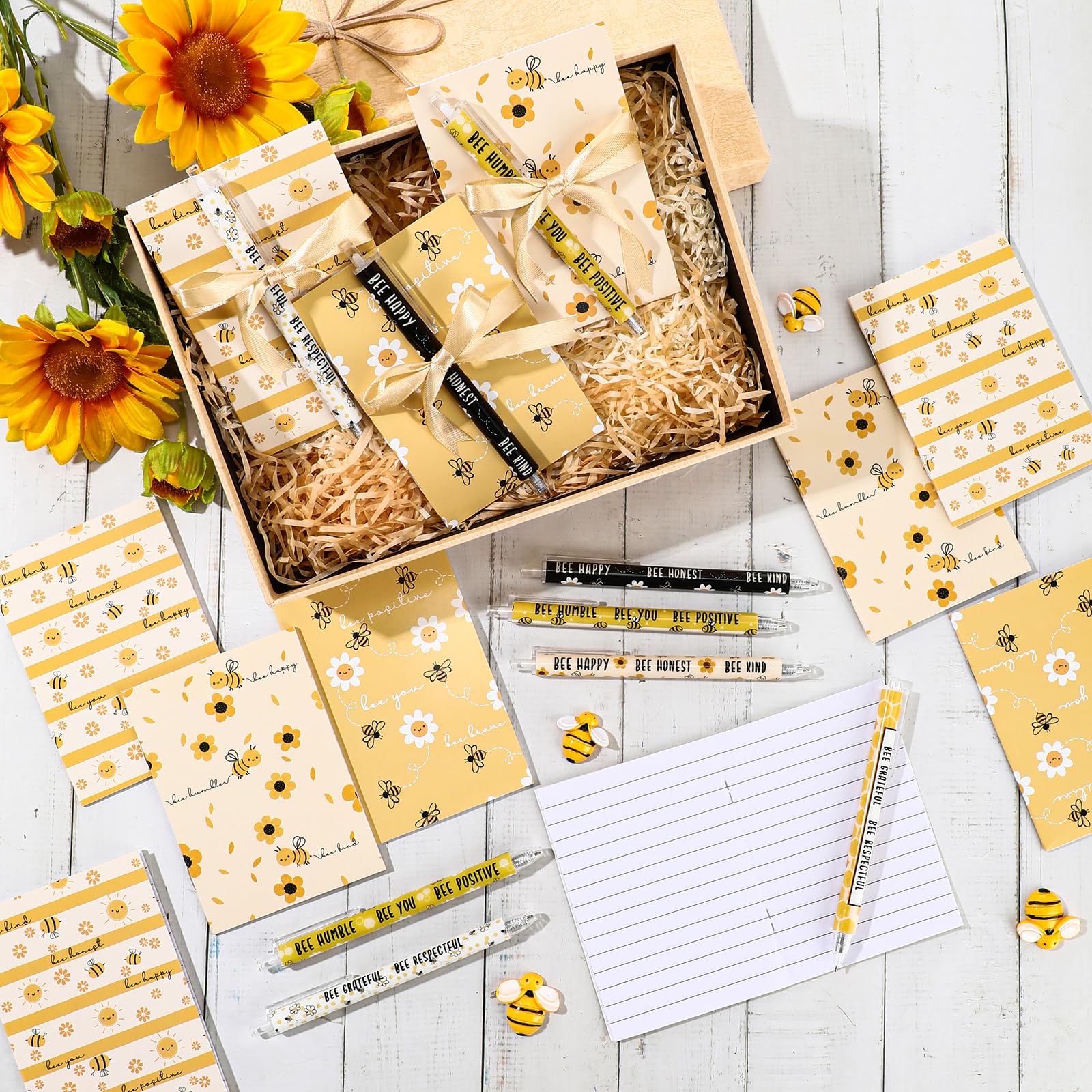 Sayglossy Inspirierendes Schreibwaren-Set mit Bienen-Motiv, kleines Taschennotizbuch mit Kugelschreibern, für Schulanfang, Klassenzimmer, Lehrer, Büro, Ersttags-Klasse, Geschenk für Studenten