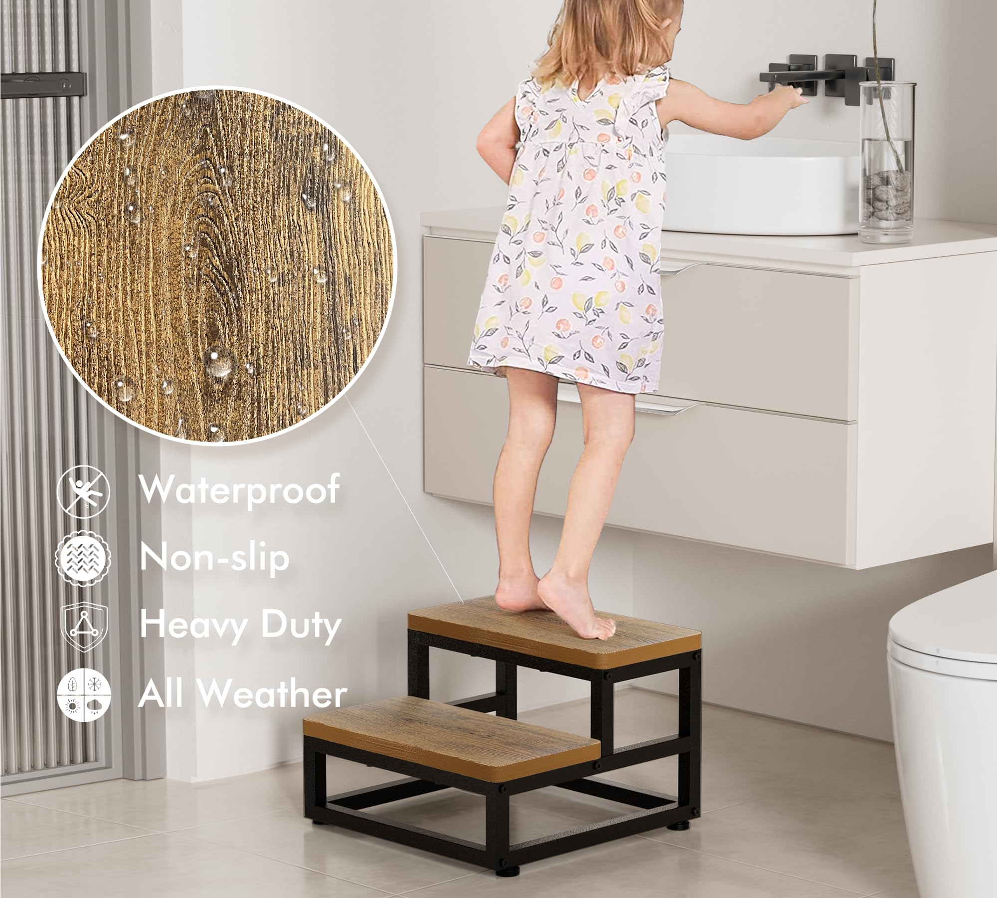 Opstapkruk, 2 treden voor volwassenen en kinderen, antislip, waterdicht HDPE, houten opstapje met 230 kg draagkracht, verstelbare poten en afgeronde hoeken, voetenbank voor whirlpool/badkamer