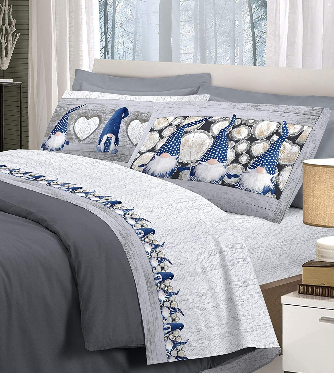 Parure Lit Double Coton Flanelle - Drap Plat 240x280cm + Housse 180x200cm + 2 Taies - Chaud Doux