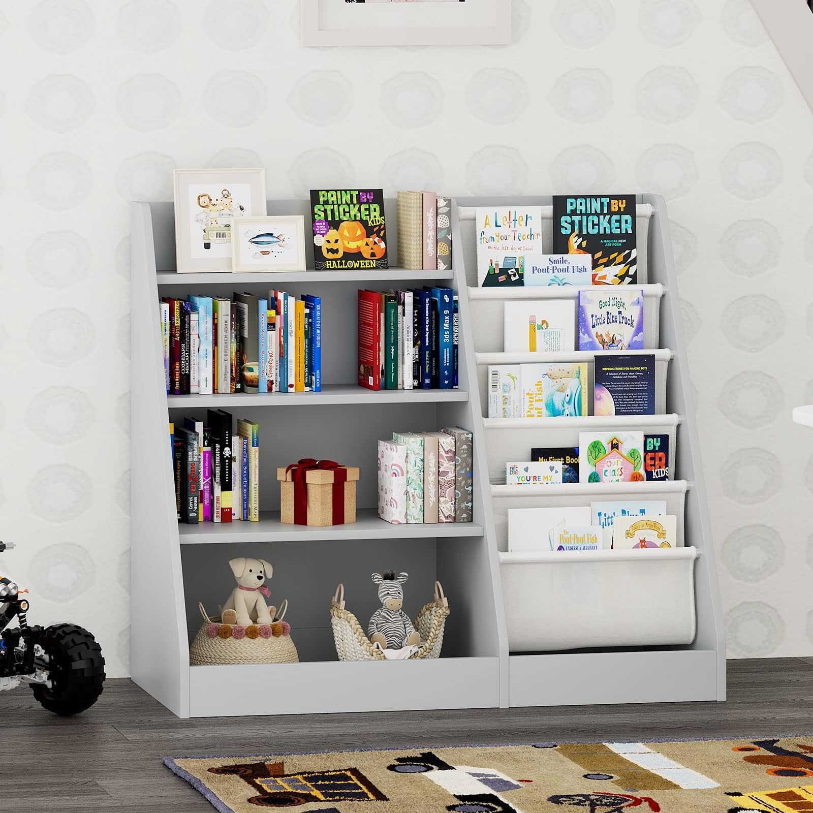 NACHES Kinderregal Bücherregal für Kinder, 90x40x80cm, mit 5 Ablage und 4 offenen Fächern, aus Holz, Spielzeugregal, Spielzeug-Organizer für Kinderzimmer, Wohnzimmer, Schlafzimmer (Grau)