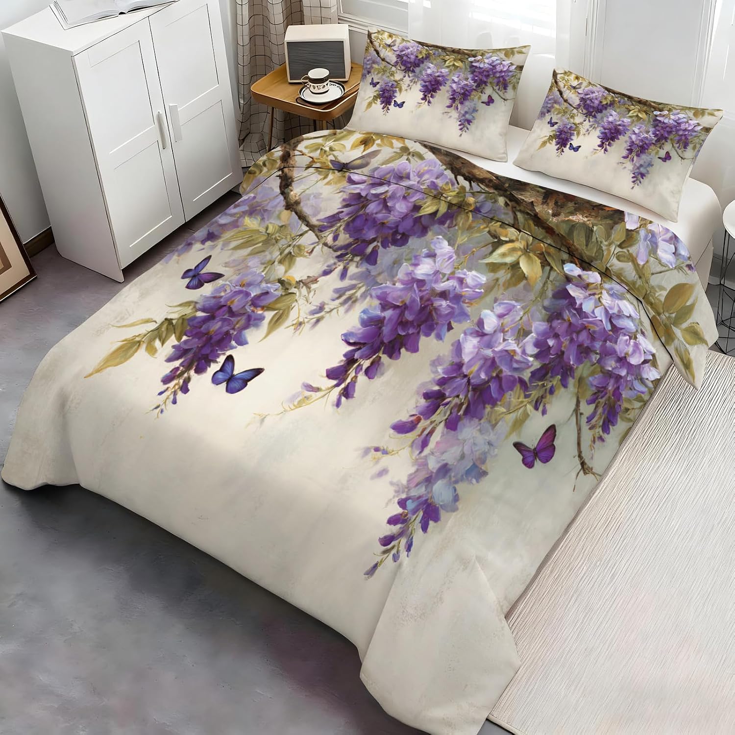Purple Flower Duvet Cover Sets Full Size, Green Vines Wisteria Butterfly Bedding Set for Kids Girls Boys Soft Microfiber, Floral Comforter Cover with 2 Pillowcases 3 Pieces 80 in X 90 in