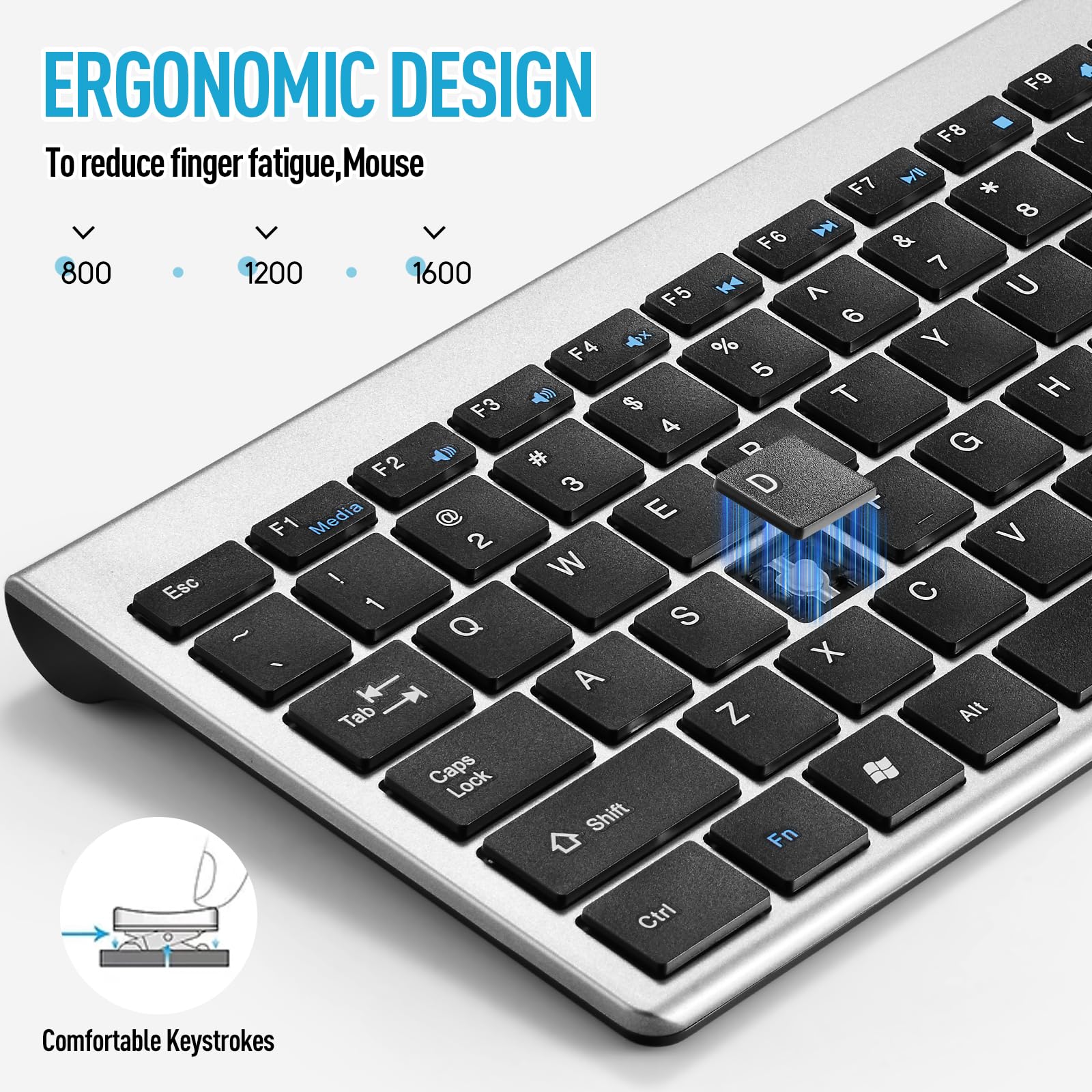Kabellose, leise, leichte Tastatur und Maus, ultradünn, 2,4 G, USB, leise, kompakt, Scherenschalter, Tastatur-Maus-Set mit Abdeckung, 2 AA- und 2 AAA-Batterien, für Laptop/PC/Windows – Grau + Schwarz