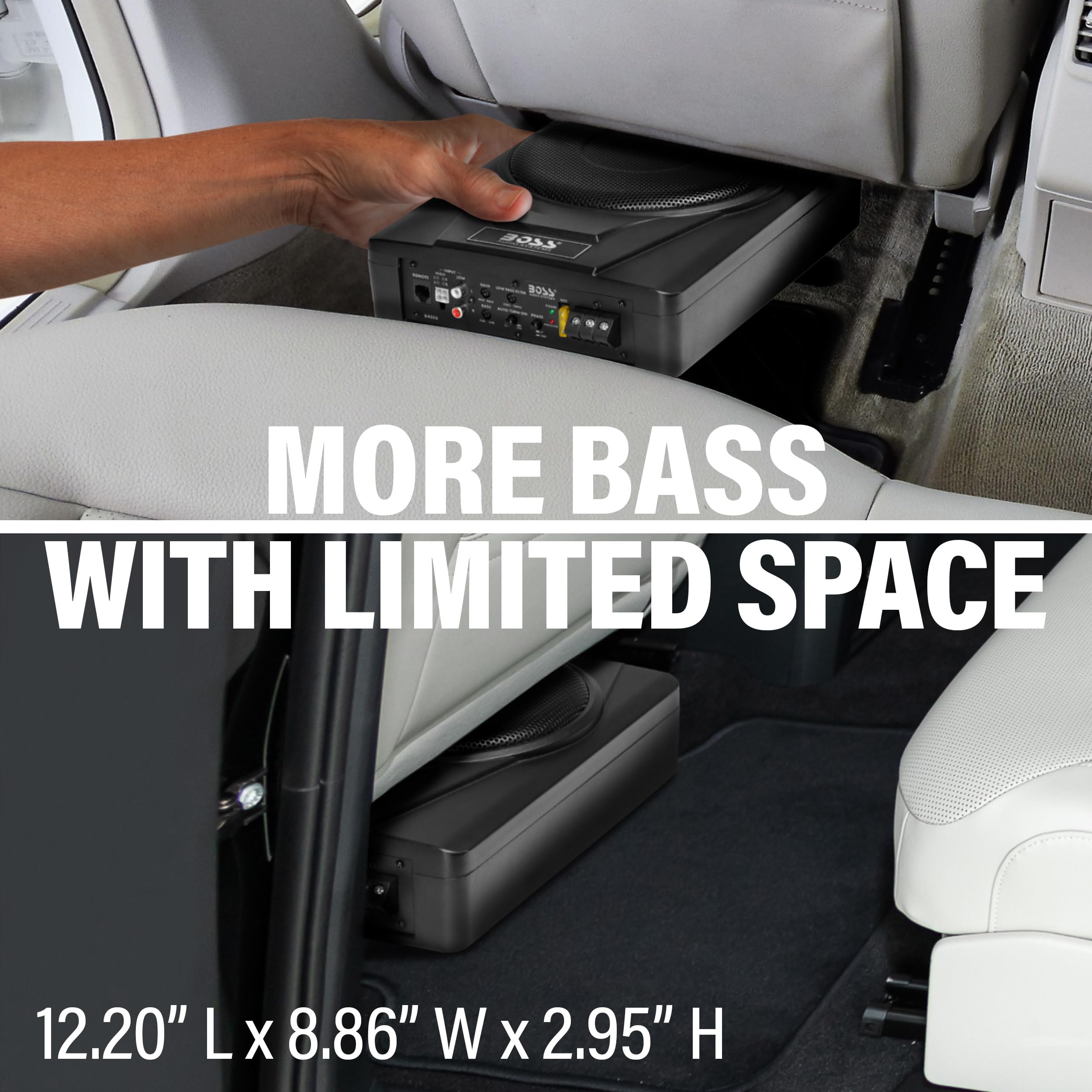 Boss Audio Systems BASS8 - Subwoofer para Coche de 8 Pulgadas para Debajo del Asiento, Salida Alta 800, Perfil bajo, Amplificador Integrado, para camión, Cajas y recintos, Control Remoto de subwoofer