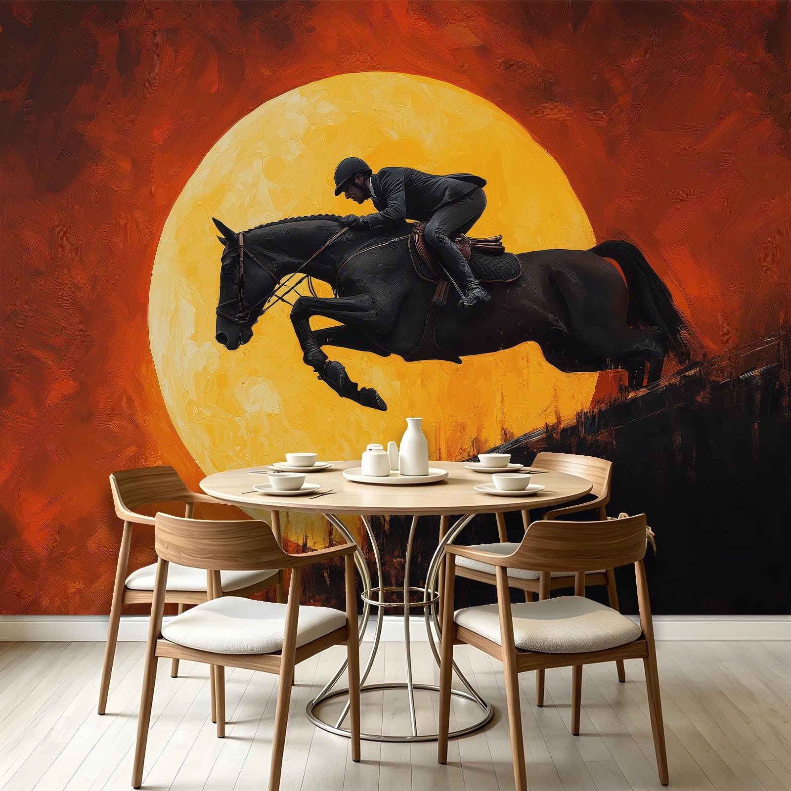 Carta da parati fotografica moderna con cavallo nero cavaliere luna, 200 x 140 cm, carta da parati in tessuto non tessuto, carta da parati da parete XXL, per ufficio, studio, palestra, rosso