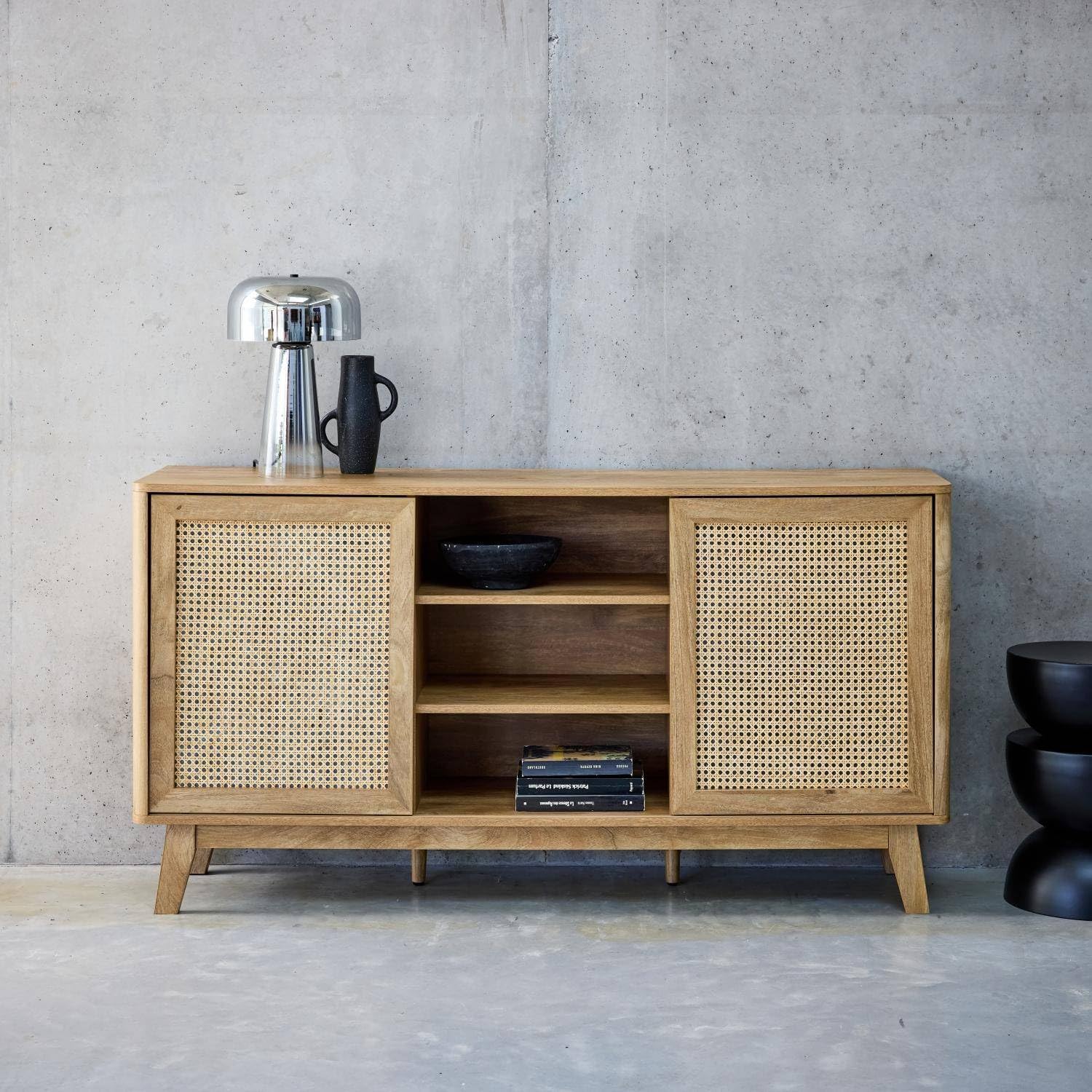 Sideboard with Wood and Cane Effect, 2 Sliding Doors | Natural Wood Finish, 3 Storage Drawers, Open Compartments, Living Room Furniture, Rustic Style-image-38