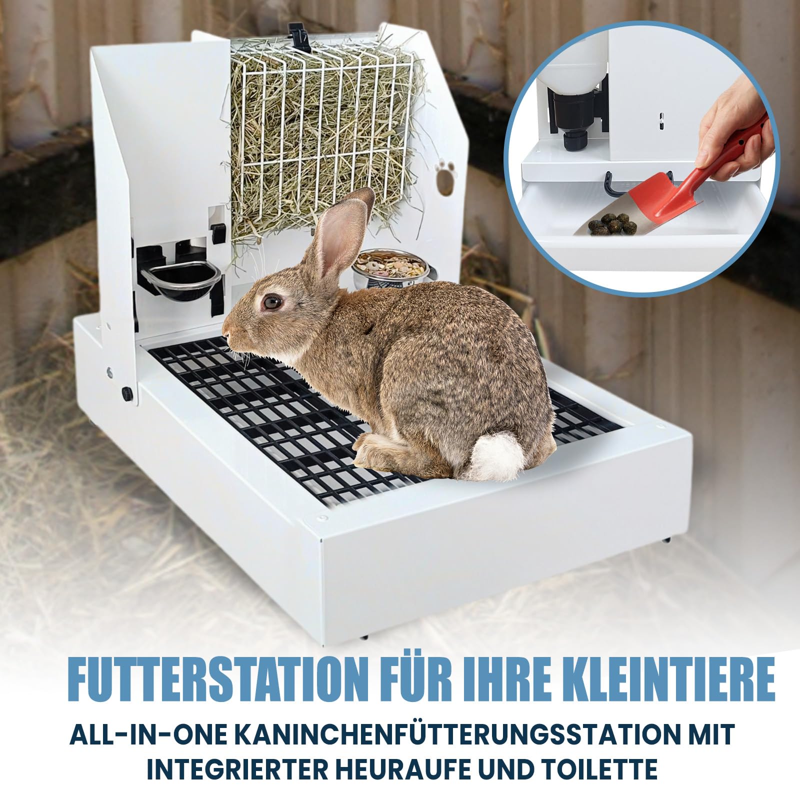 Breker Klappbare Kaninchen Toilette & Futterstation [inkl. 5L HEURAUFE, 2L TRINKFLASCHE, FUTTERNAPF] - mit rutschfesten Gummifüßen, Kotwanne & Bodenrost | 41 x 48 x 55 cm