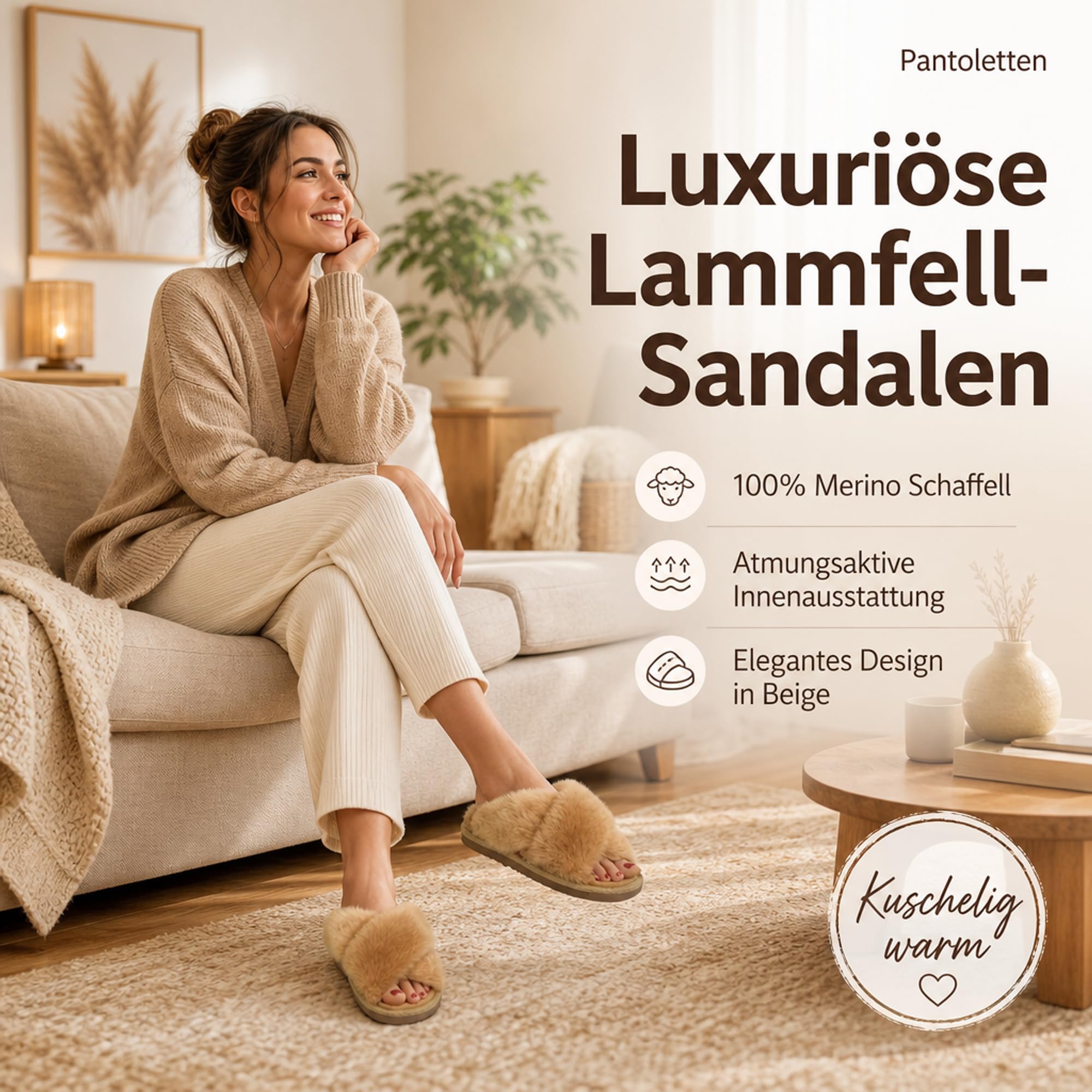 Damen Lammfell - Sandalen Florida BEIGE 100% Merino Schaffell Pantoffeln kuschelig warm