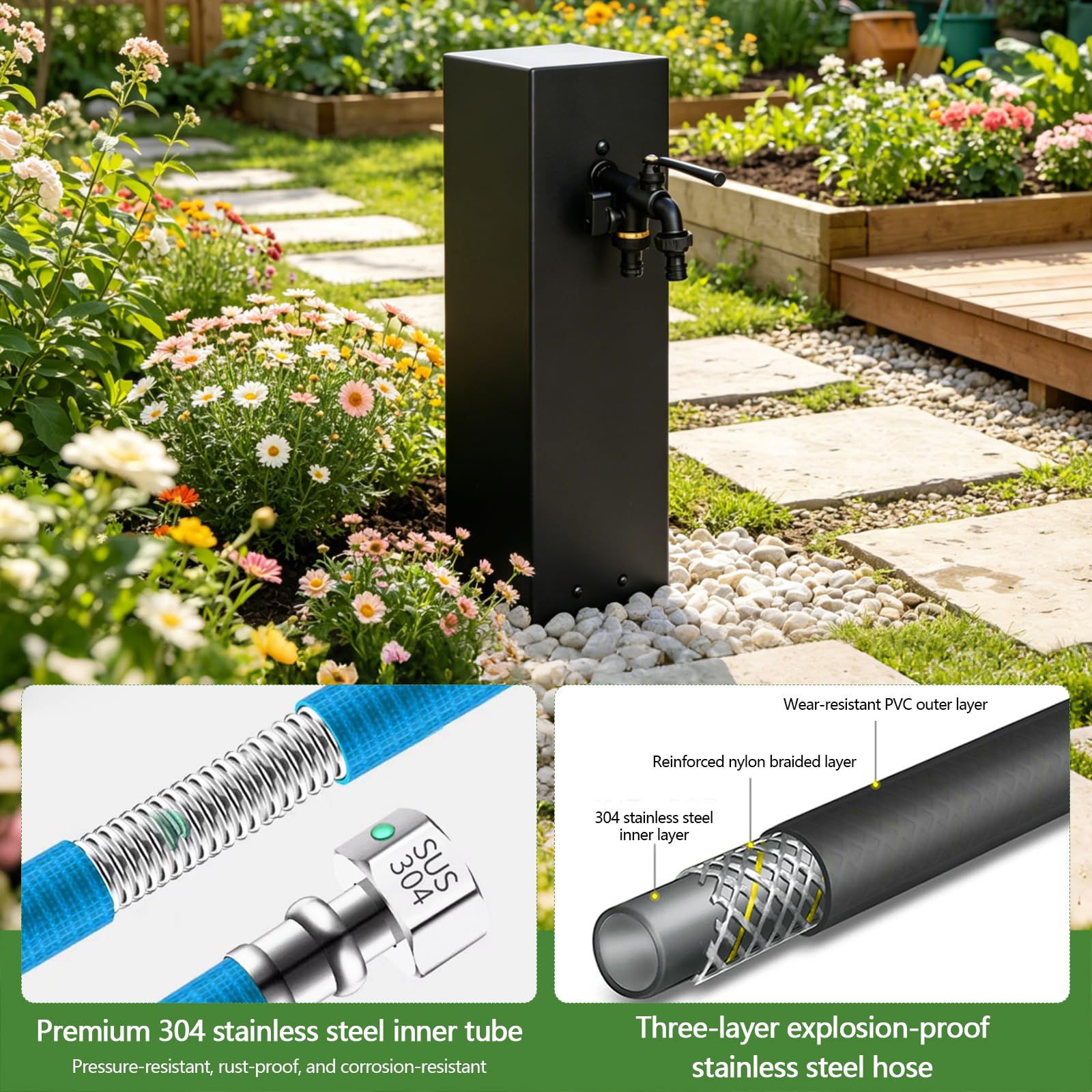 Fuente De Agua Para JardíN, Dispensador De Agua Vertical Para JardíN Con ConexióN Doble De 1/2 Pulgada Grifo Exterior De Acero Inoxidable Negro De 40cm Grifo Para Patio Jardines Terrazas Y Patios
