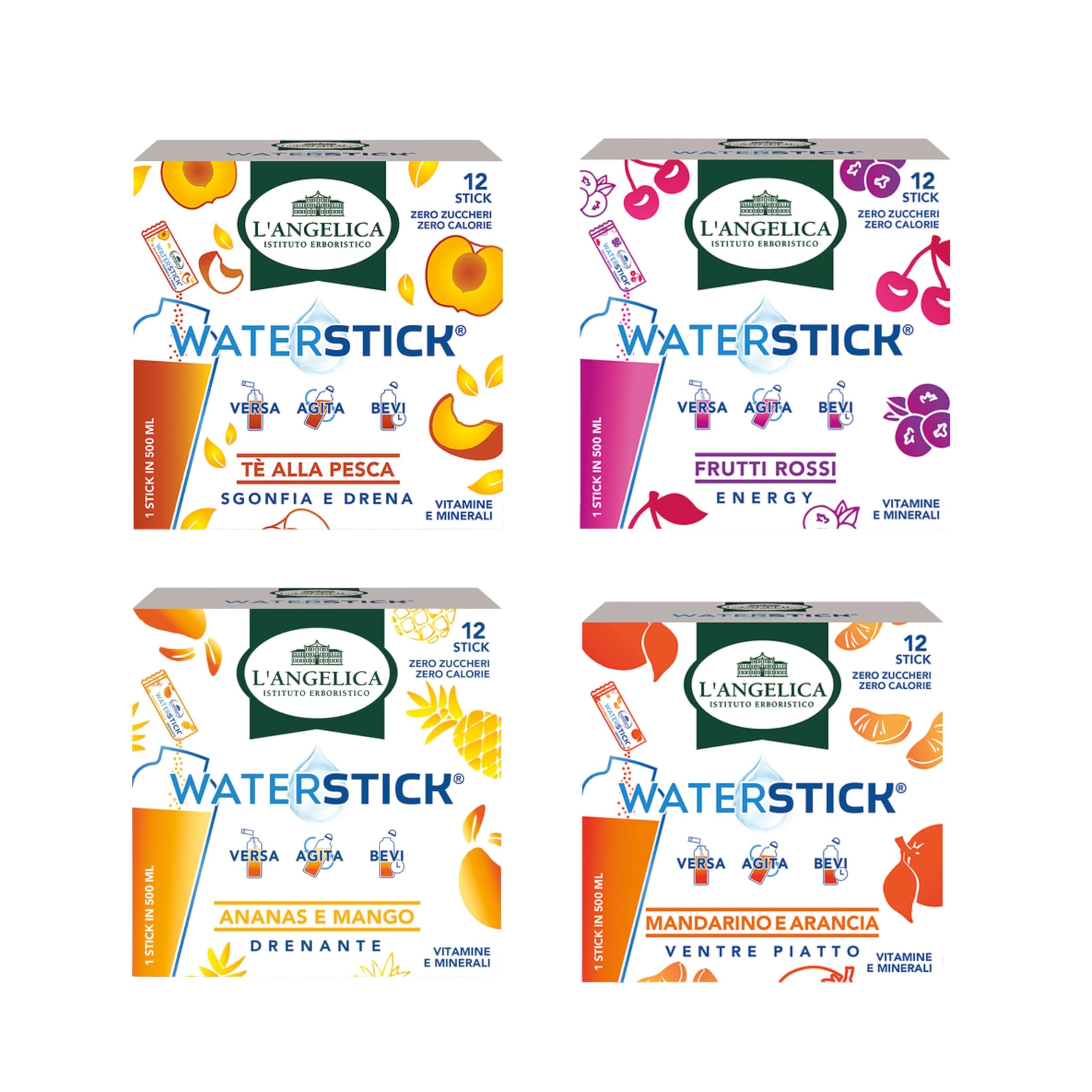 L'Angelica Waterstick Cassa Mista,4 Gusti, Tè alla Pesca, Anguria e Fragola, Mandarino e Arancia, Frutti Rossi,Vitamine e Sali Minerali, Zero Zuccheri e Calorie, Senza Conservanti,4 Astucci da12 Stick
