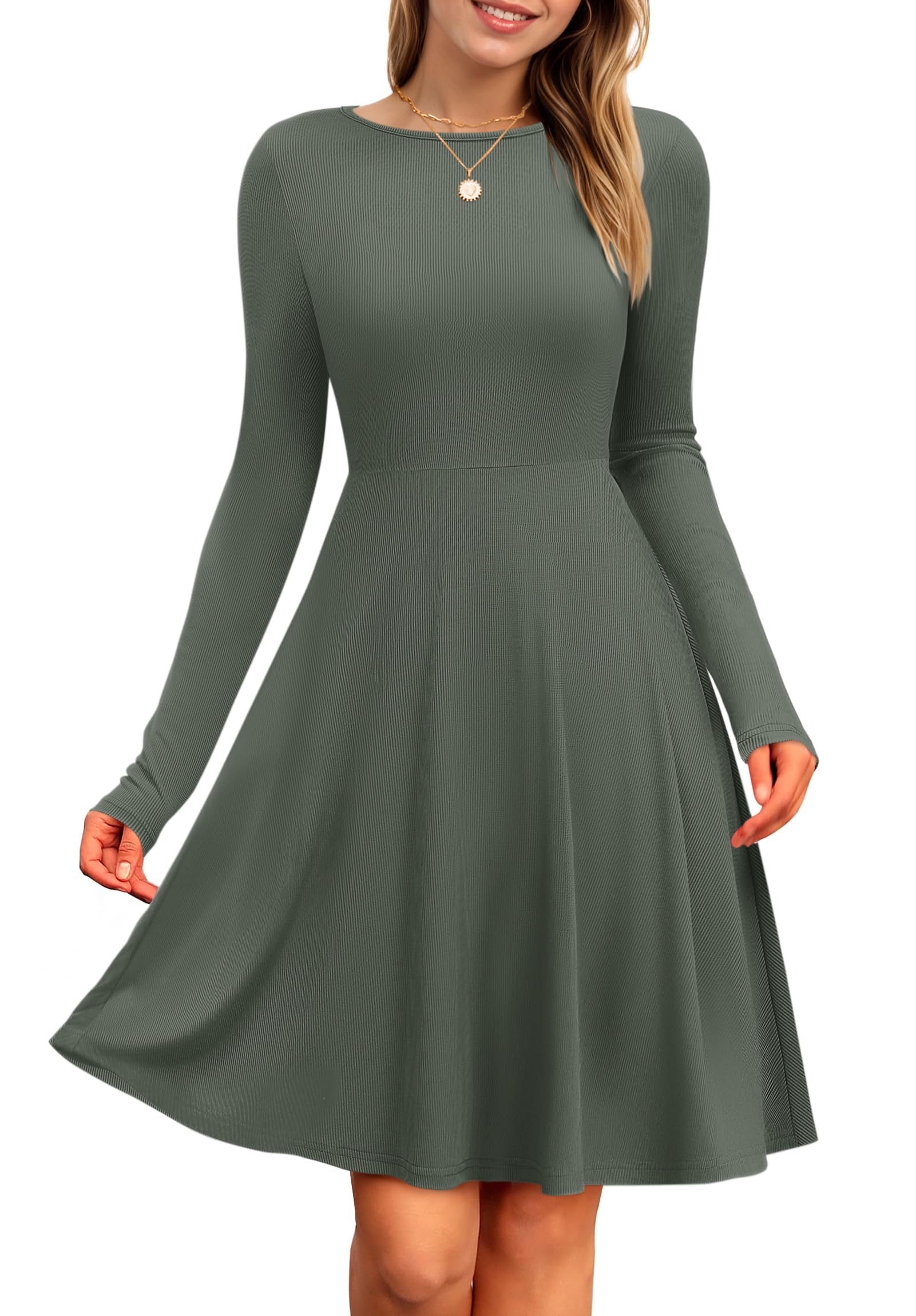 PLOKNRD Damen Strickkleid Herbst Langarm Kleider Elegant A-Linie Rundhalsausschnitt Freizeitkleid Winterkleid