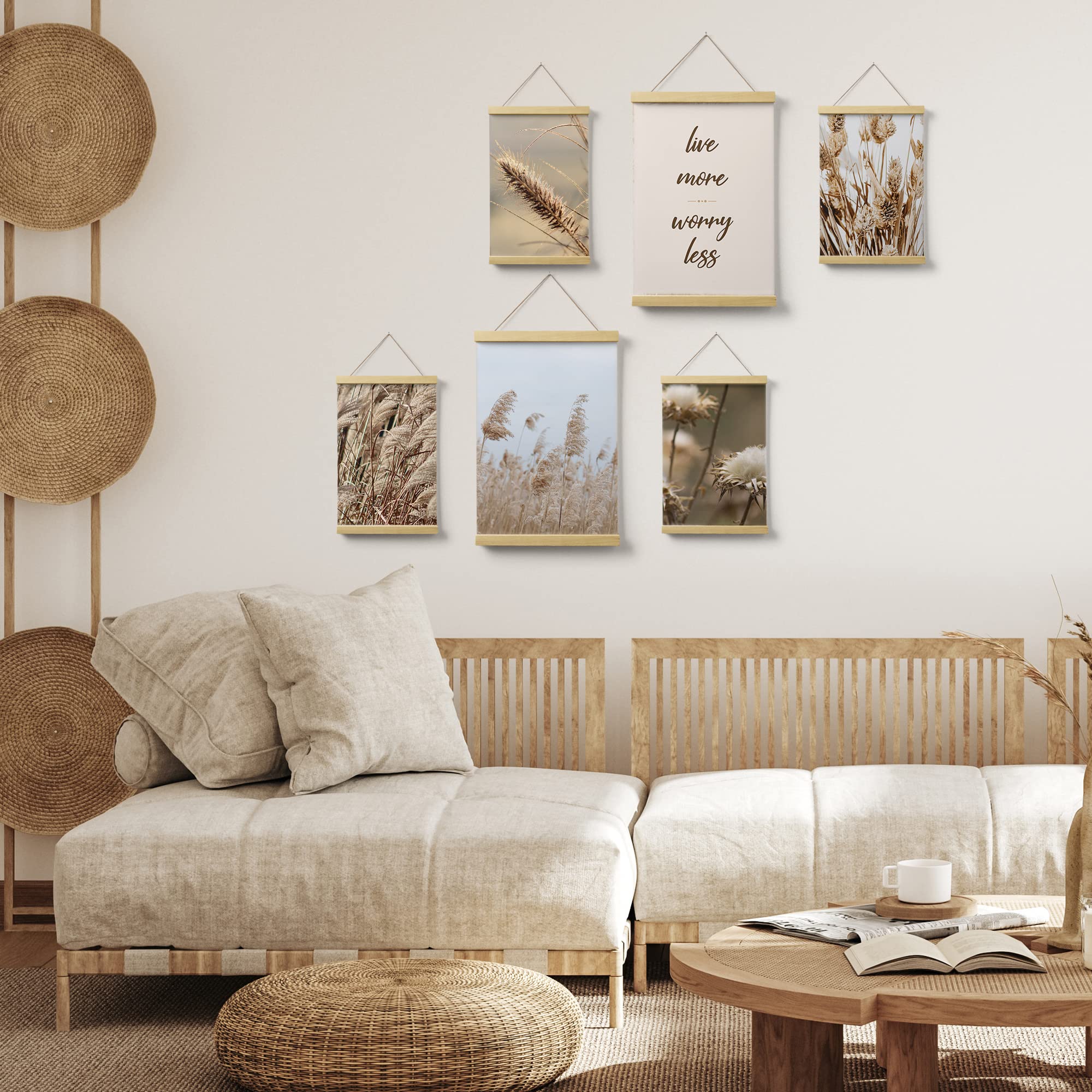 Feeby Posterleiste Boho Pampasgras 80x90 cm 2 x DIN A3 & 4 x DIN A4 Magnet Halter Leisten Posterhänger Wohnzimmer Bild Bilder Bilderleiste Bilderrahmen aus Echtholz Teakholz Natur Gräser Beige