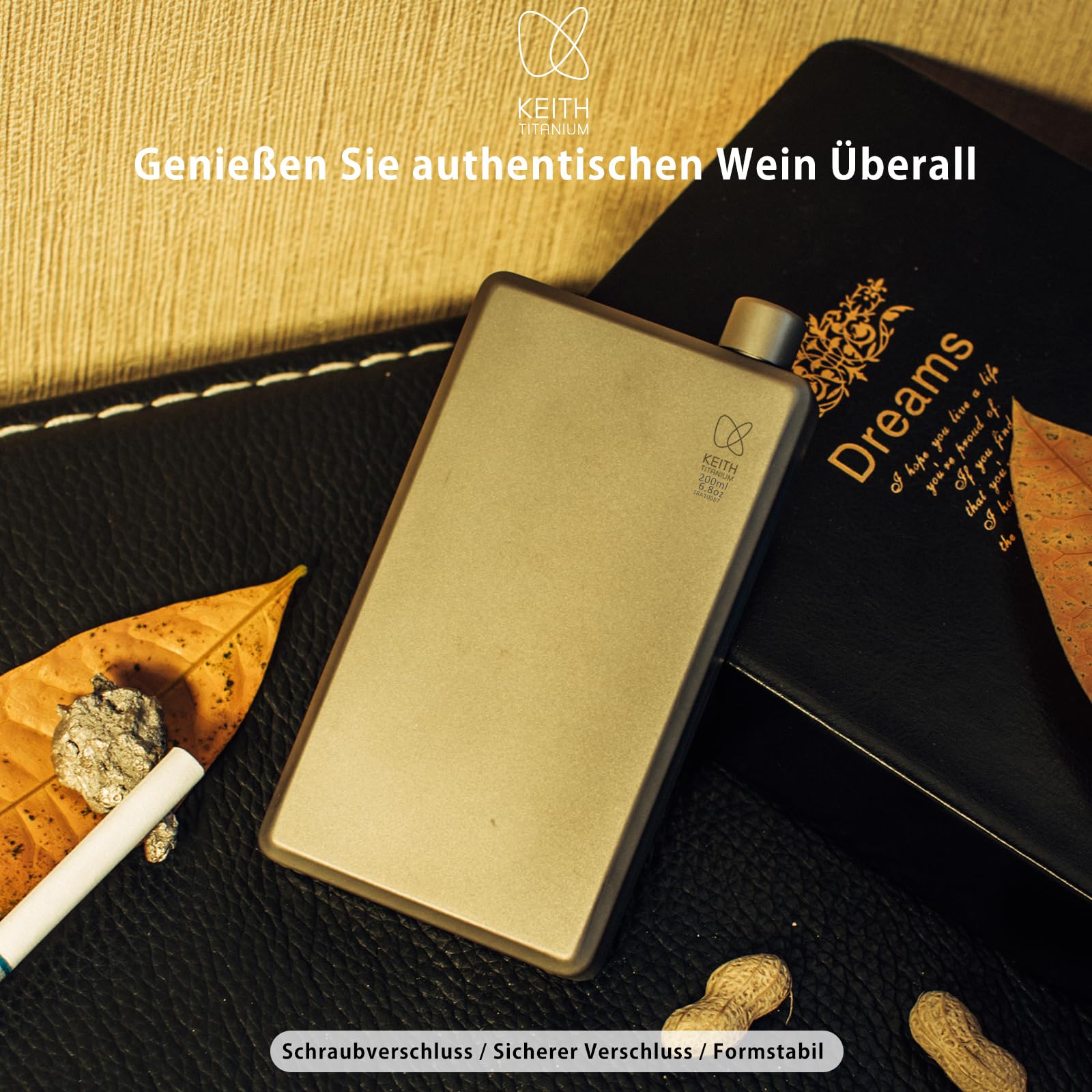 KEITH Titan Flachmann Tragbare Hip Flask klein Wasserflasche für Whisky, Likör und Alkohol mit Trichter, Campingausrüstung (200ml Ti9307)