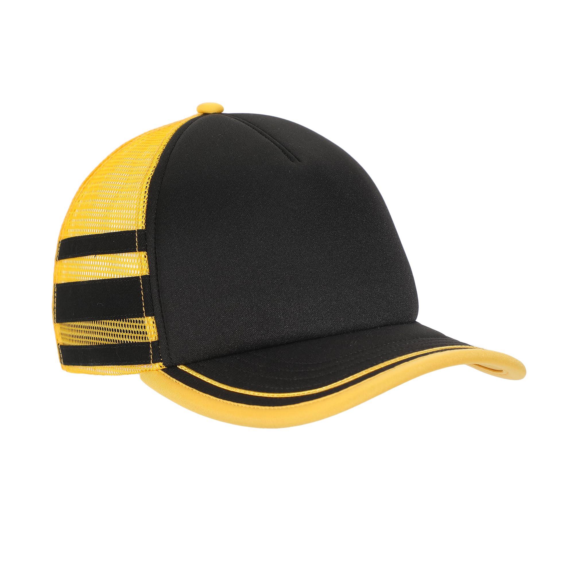 Gorra Stranger Things Dustin Henderson negra y amarilla de cosplay estilo trucker