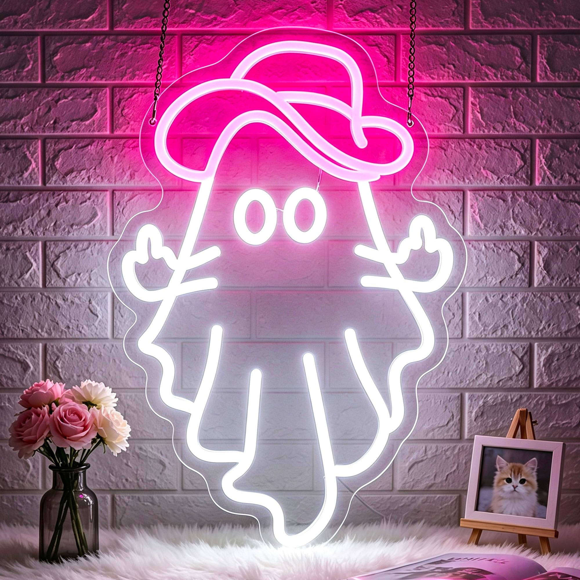 Neonowy znak kowbojski duch, neonowe znaki do dekoracji ścian, neonowe białe różowe znaki LED, do pokoju, dekoracja domu, do sypialni, klubu, na imprezę, bar, sklep, zasilanie przez USB