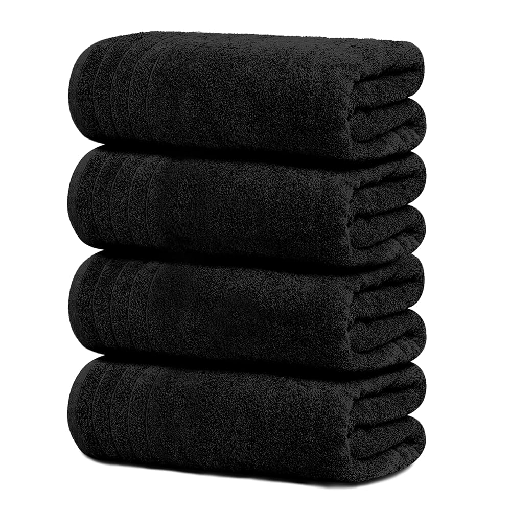 Tens Towels Pack of 4 Extra Large Bath Towels 30 x 60 Inches, 100% Cotton, Larger & Lighter Weight, Quicker to Dry, Super Soft and Absorbent, Perfect for Bathroom, Black