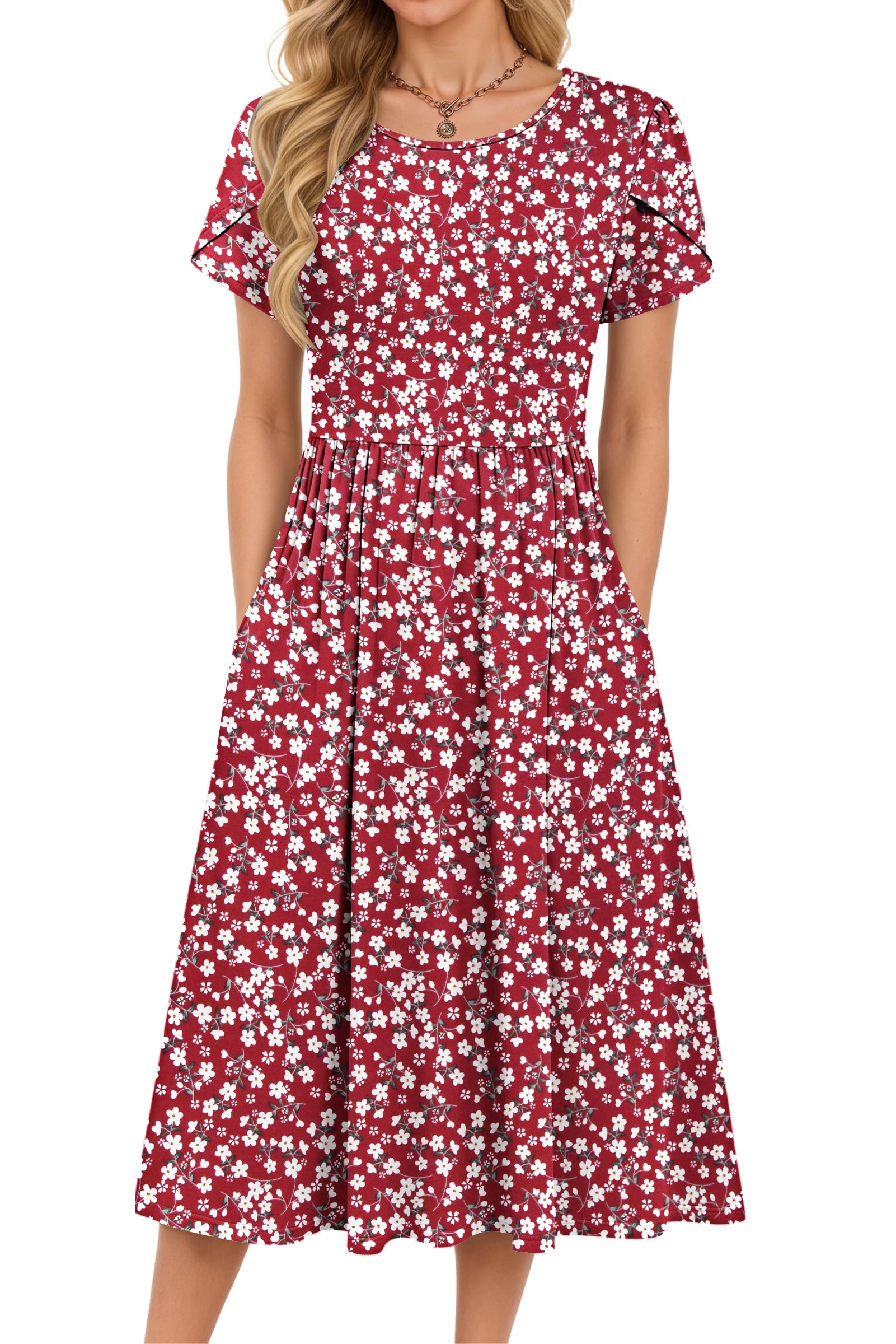 MOLERANI Kleider Damen Sommer - Rundhals Kurzarm Freizeit Kleider Hohe Taille Strandkleid mit Taschen Rotes Blumenmuster S