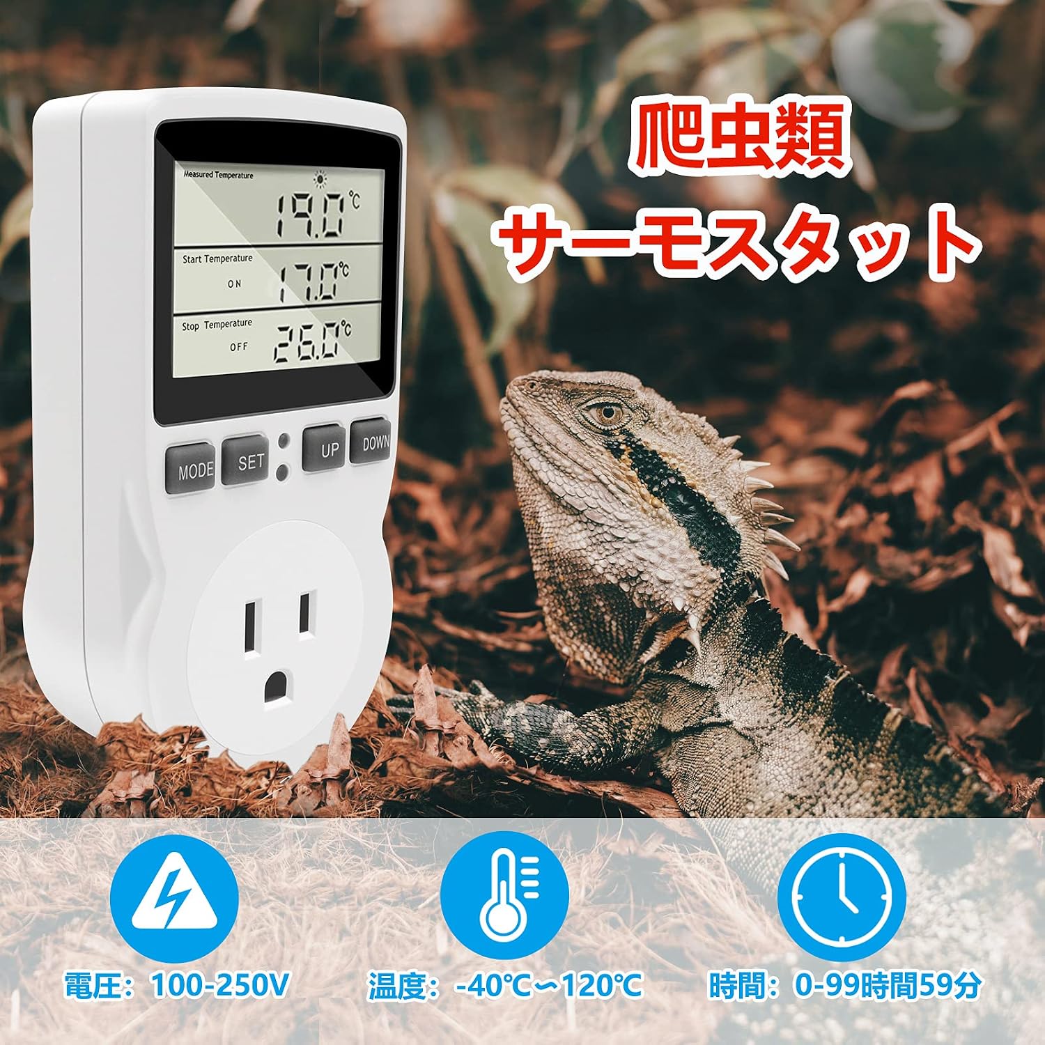 LCD display of the RUIZHI Digital Temperature Controller with labels pointing to measured temperature, start temperature, stop temperature, heating mode, cooling mode, output indicator, and reset button.