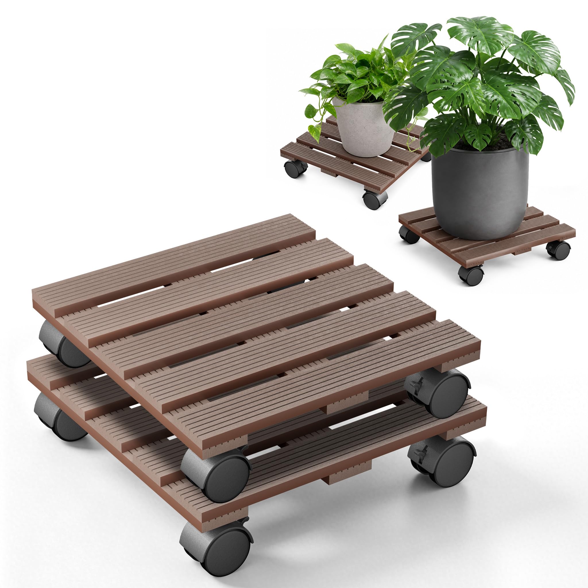 Yunvin 2 Pack Square Plant Caddy WPC Plant Stand with Casters Light Brown