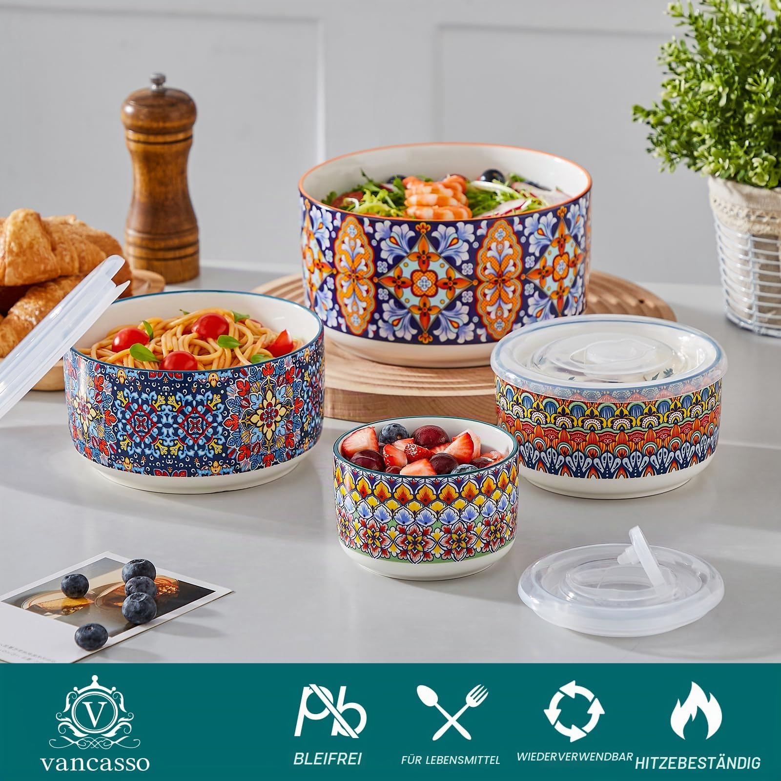 vancasso Suppenschüssel Set 4er, SIMI Salatschüssel mit Deckel, Keramikschüssel mit Deckel, Suppenschalen, Müslischale für Mittagessen, Picknick, Küche, Servierschalen