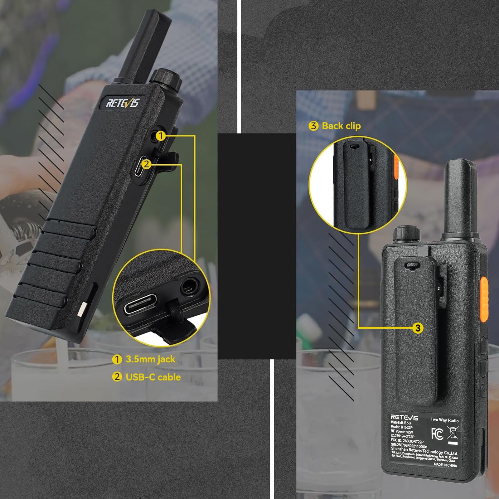 Retevis RT622P Walkie Talkie, 1620 mAh Ricaricabile Ricetrasmittenti USB-C Ultrasottile 15mm, VOX, Professionali Walkie Talkie Portatili con Auricolari per Ristoranti (4 Pezzi, Nero)