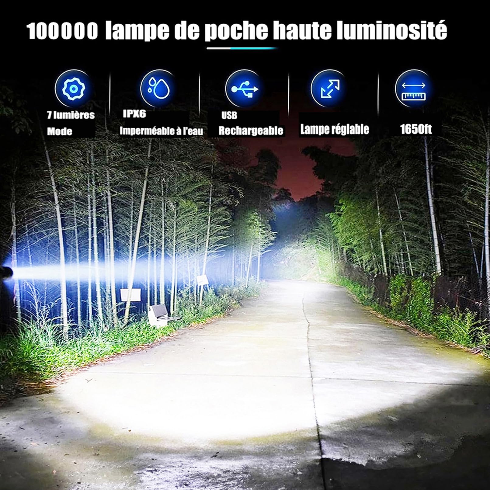ZEUSFIRE Lampe Torche LED Ultra Puissante, 1000000 Lumens Lampe Lorche LED Rechargeable, Longue Durée, 7 Modes & IPX6 Étanche Lampe Torche Tactique Idéal Pour Camping, Marche, Pêche, L’urgence