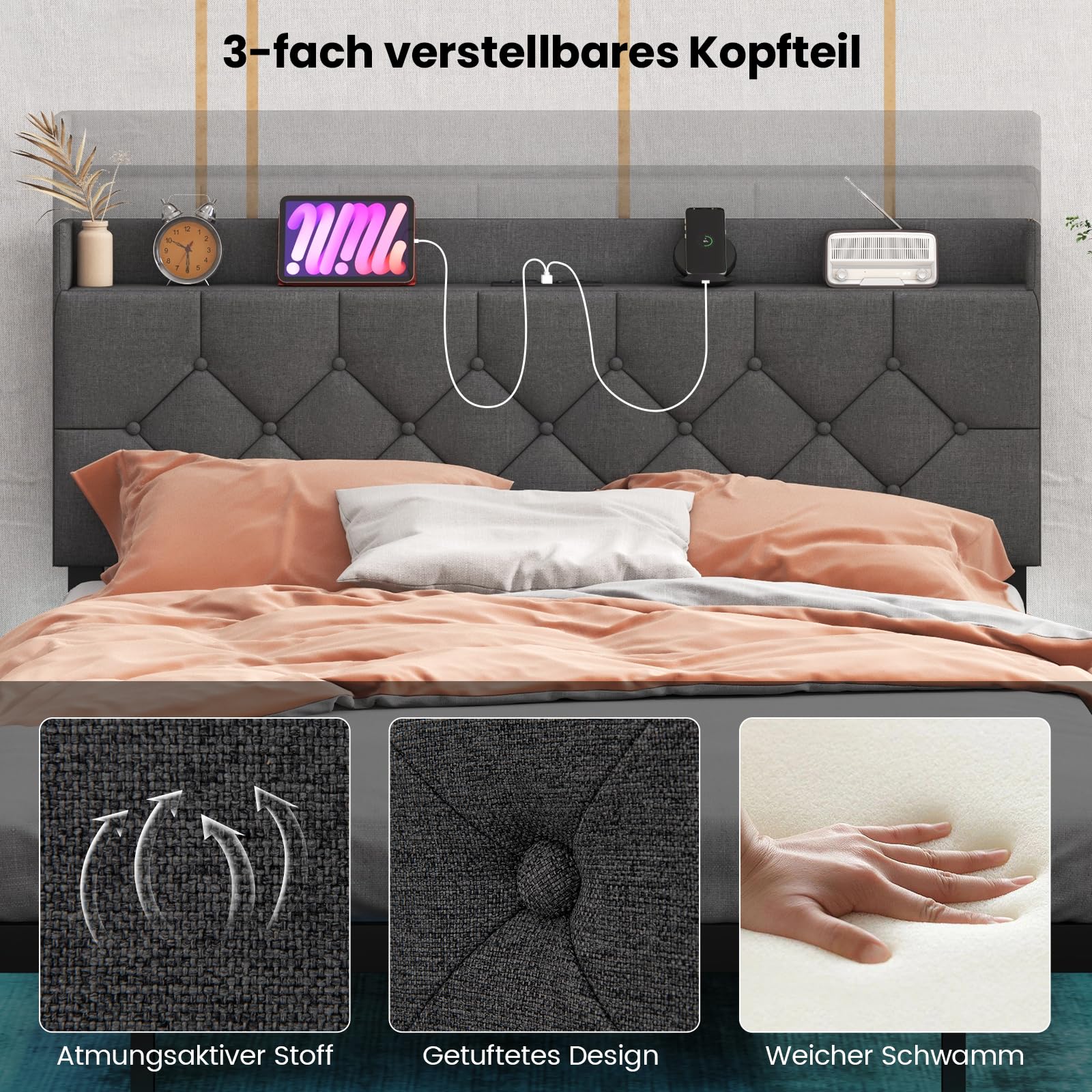 COSTWAY Łóżko tapicerowane z oświetleniem LED i stacją ładującą, 140 x 200 cm, łóżko z regulowanym, wyściełanym zagłówkiem i stelażem, łóżko podwójne, rama łóżka