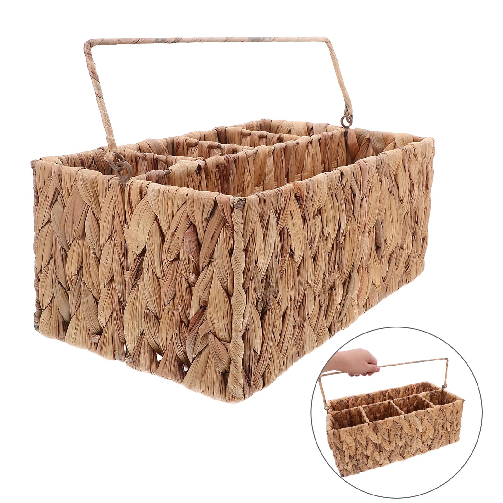 Cesto Portaposate Intrecciato in Rattan con Scomparti Organizzatore da Tavola Rustico e Portatile per Posate e Utensili Contenitore in Paglia per Picnic e Cena