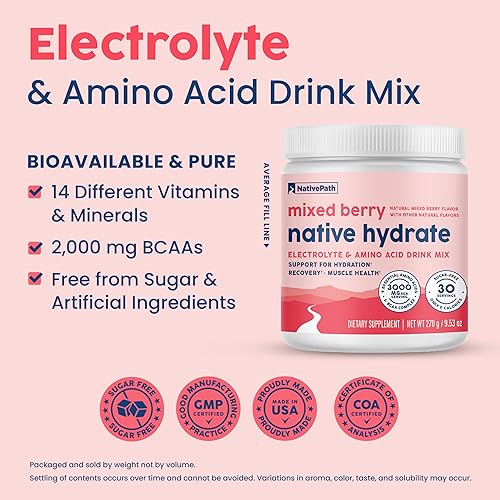 Miniatura 4 de NativePath Native Hydrate, cero azúcar, electrolitos en polvo con BCAAs, hidratación de bayas mixtas, apto para dieta keto y paleo, 30 porciones