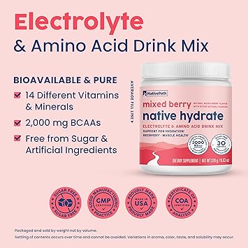 NativePath Hydrate, Zero Sugar, Electrolytes Powder with BCAAs, Mixed Berry Hydration, Keto & Paleo Friendly, 30 Servings