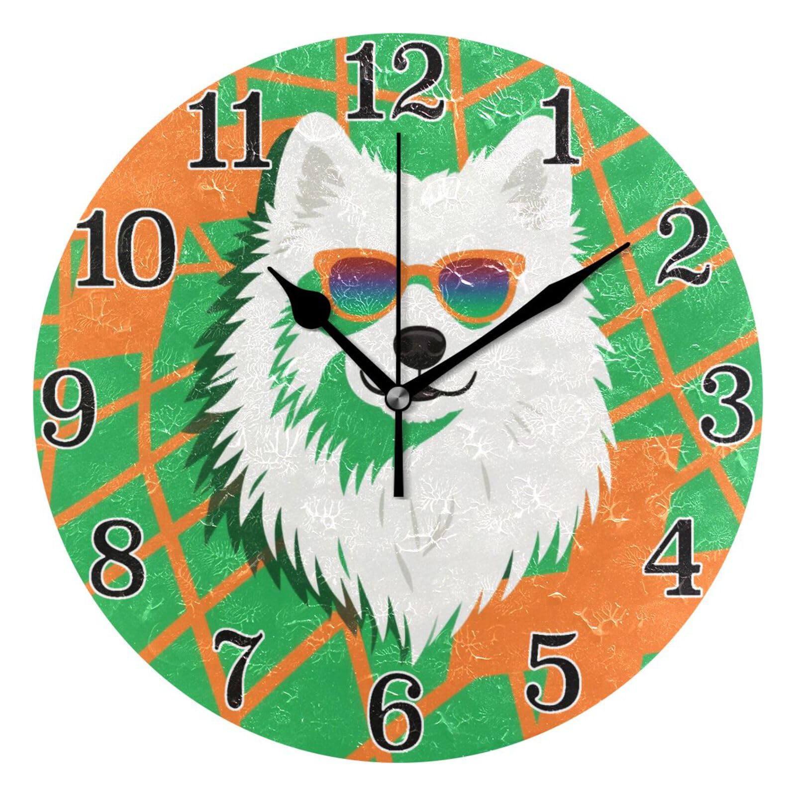 Horloge murale ronde pop art samoyède verte fonctionnant à piles