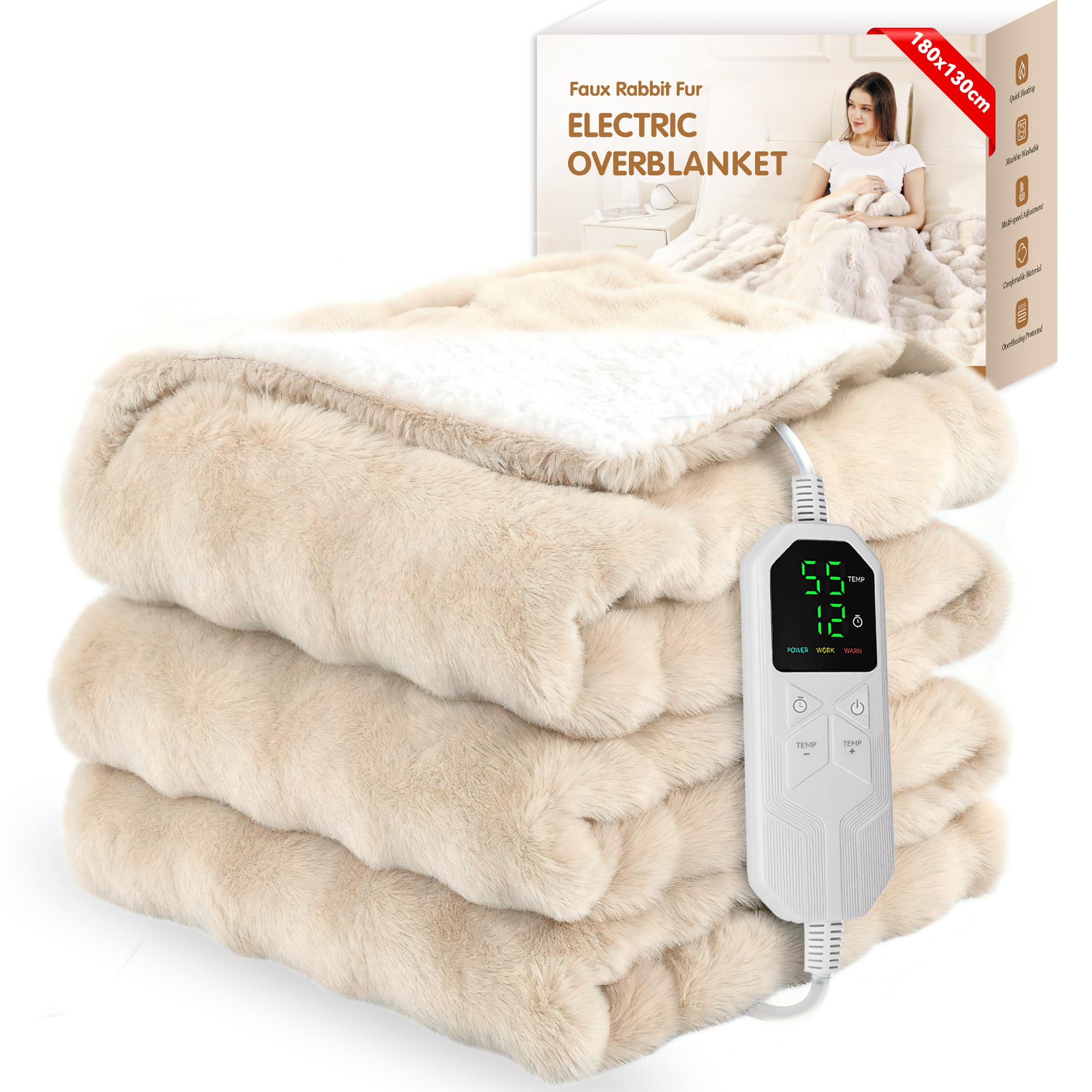 Warmfay Heizdecke mit Abschaltautomatik, 180 × 130 cm Kunstfell Kaninchen Fleece Wärmedecke Elektrisch Heizdecke mit 8 Heizstufen & 1-12H Timer, Waschbar Kuscheldecke für Bett & Sofa - Aprikose