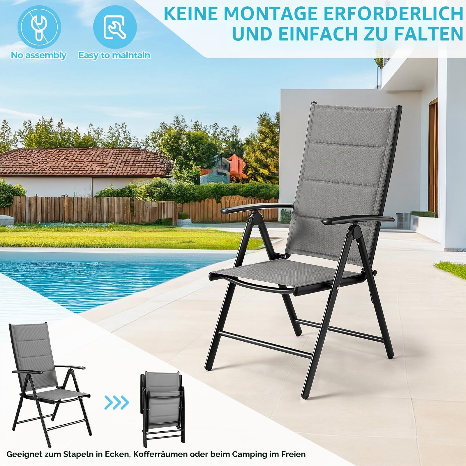 Clevich Gartenstuhl Alu 2er Set, Klappstuhl, 7-Fach Verstellbar, Maximale Belastbarkeit 120 kg, Wasserdicht, Geeignet Für Balkon, Camping,Garten, Hochwertiger Outdoor Klappstuhl (grau)