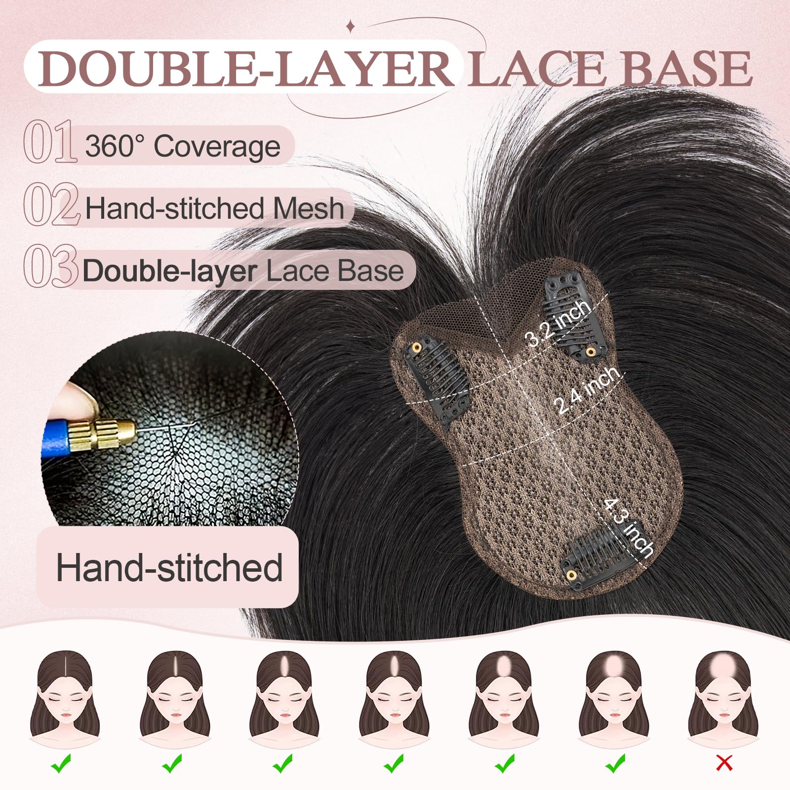 SEGOHAIR Hair Toppers for Women Human Hair with Bangs Double-Layer Hand-stitched 360°3D Coverage Natural for Thinning Hair Add Volume 11inch Black,21g - Image 3