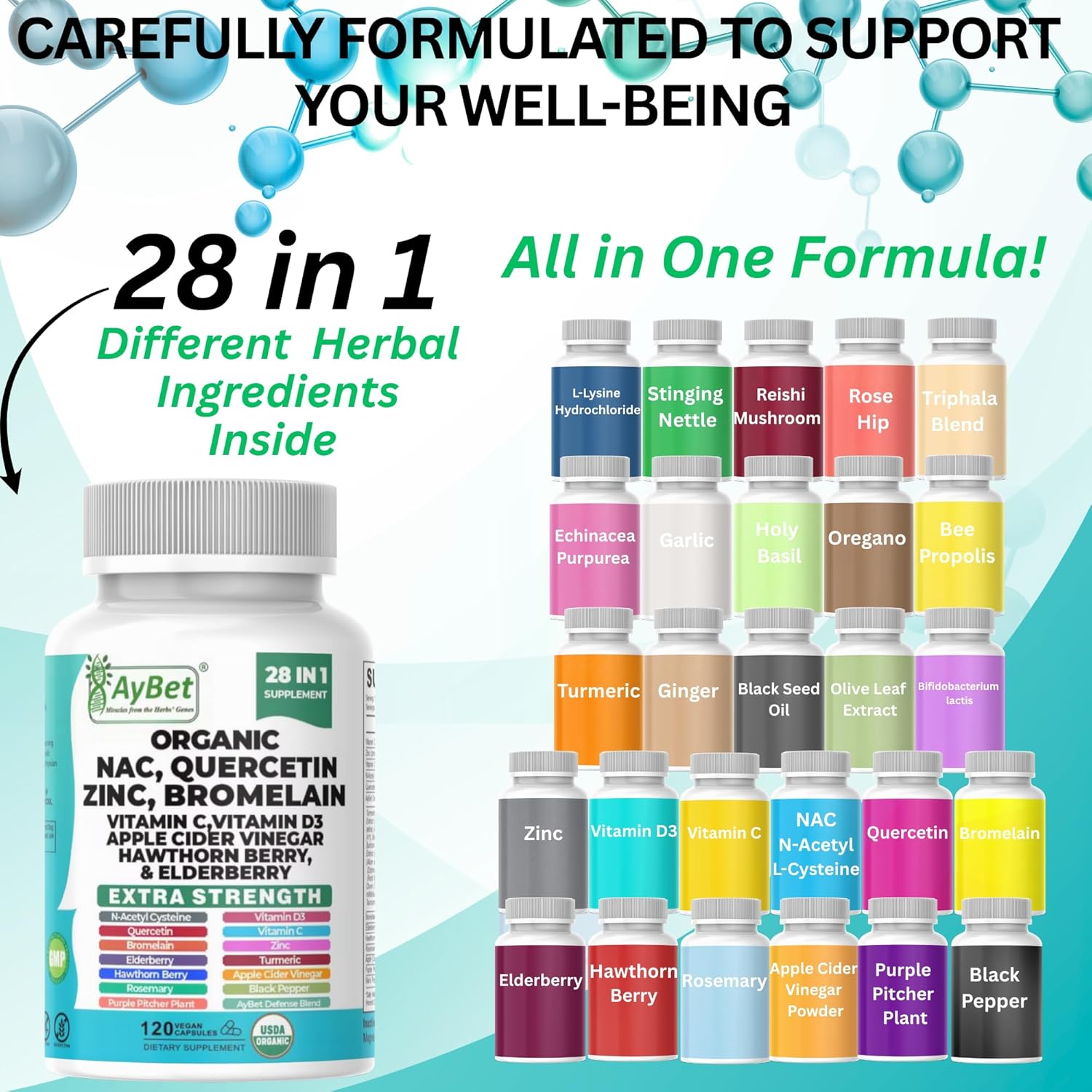 NAC-n-acetyl cysteine- Quercetin Zinc Bromelain Supplement | Extra Strength with Vit C, D3, Apple Cider Vinegar, Elderberry, Hawthorn Berry, Turmeric | Immune Support|120 Vegan Capsules | USDA Organic - Image 2