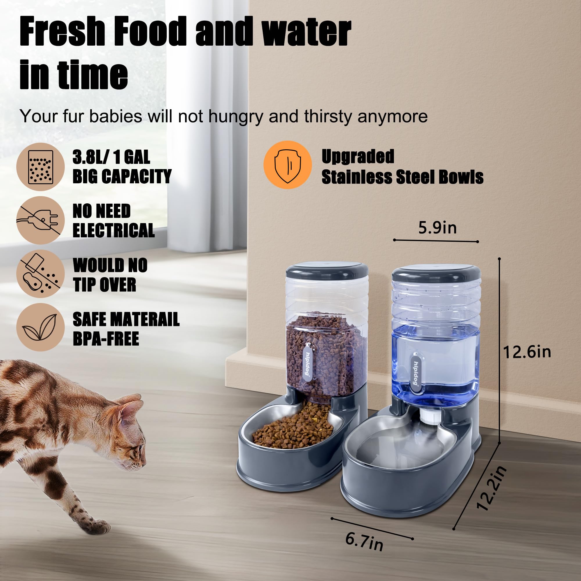 Comedero y Bebedero automático para Gatos con Cuenco de Acero Inoxidable Comedero y Bebedero por Gravedad para Mascotas pequeñas y Medianas Cachorro Gatito 1 galón x 2