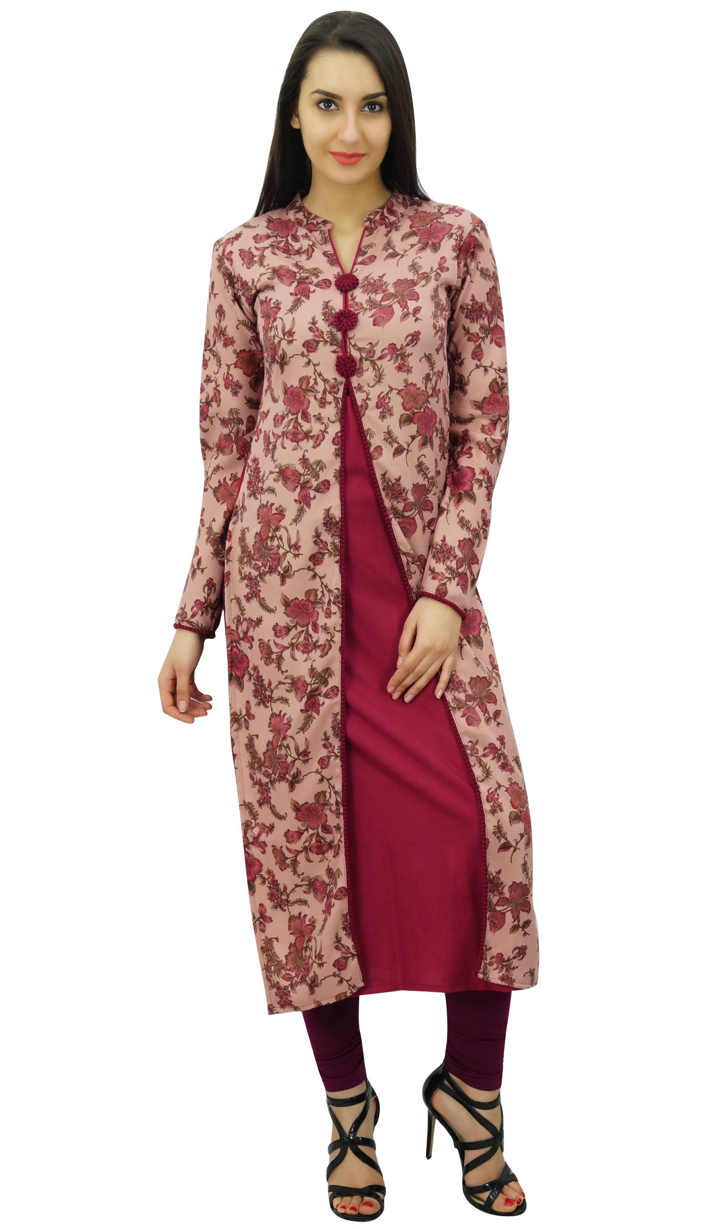 Bimba Women's Floral Winter Tunic Indian Kurta Long Straight Kurti Full Sleeve