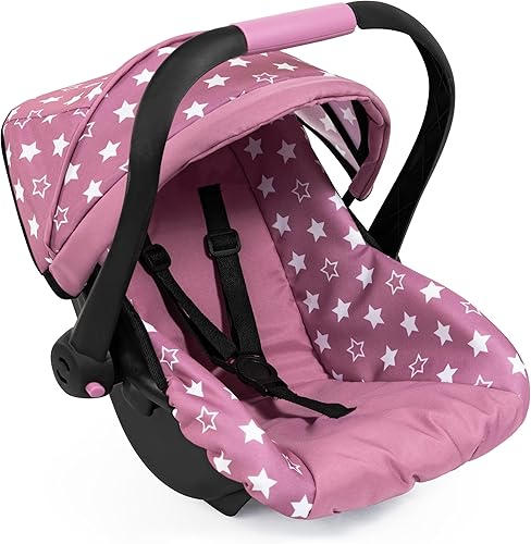 Bayer Diseño Asiento de coche de lujo para muñeca - Estrellas rosas y blancas - Portabebés de viaje portátil para muñecas de hasta 18 ", parasol y