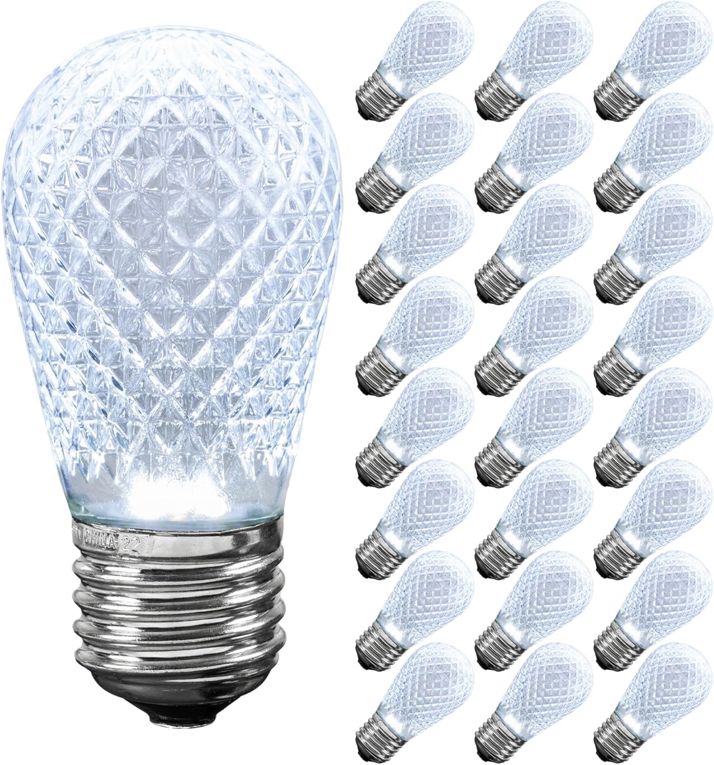 Novelty Lights 25 Pack Pure White LED S14 Bulbs for Outdoor String Lights, Faceted Dimmable Shatterproof Replacement Light Bulbs, 0.8W E26 Medium Base Edison Bulbs