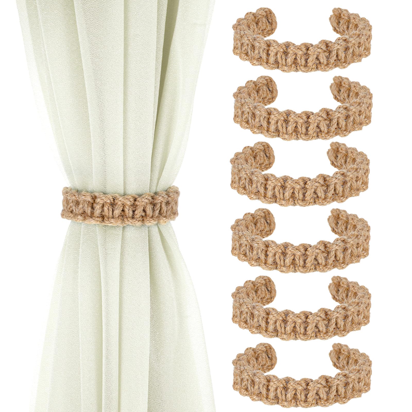 MAKNGRID Braided Rope Handmade Boho Light Curtain Tie for Drapes Flexible Burlap Holdbacks Office Decorative Tiebacks, Weight Tie Rustic Home Bedroom Outdoor Pcs 6 Backs Curtain Farmhouse