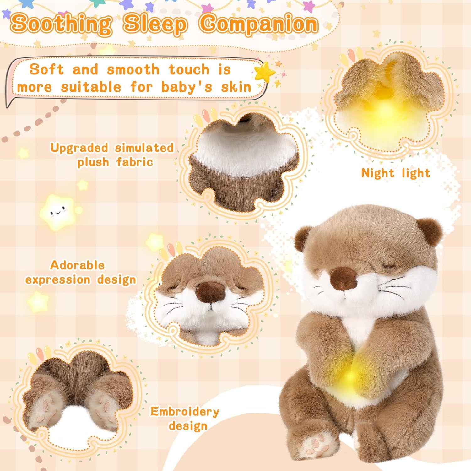 MIAODAM Soothing Otter Baby Plush Toy - Realistic Breathing Movement, Warm Light & Soothing Music - Otter Breathing Stuffed Animal for Toddlers, Easter Plush Decor