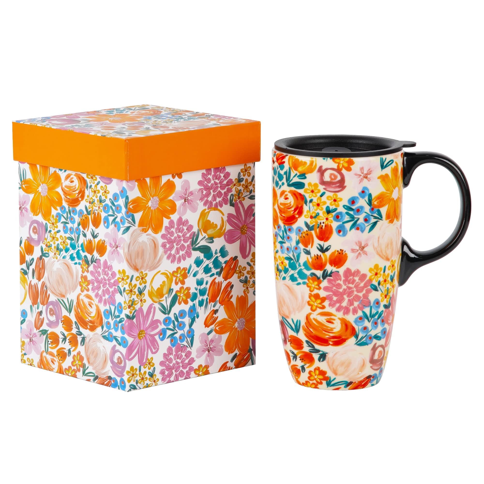 Topadorn Ceramic Travel Mug with Gift Box Coffee Mug Latte Mug with Lid and Handle,17oz Microwave & Dishwasher Safe Coffee Tumbler, Flower