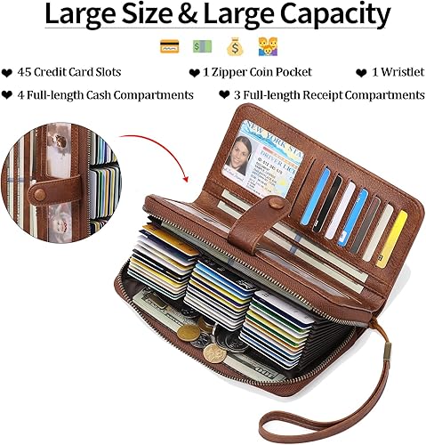 Miniatura 2 de GAEKEAO Leather Credit Card Holder Wallet for Women RFID Blocking Large Capacity Bifold Zipper Card Case Organizer with Wristlet 45 Slots
