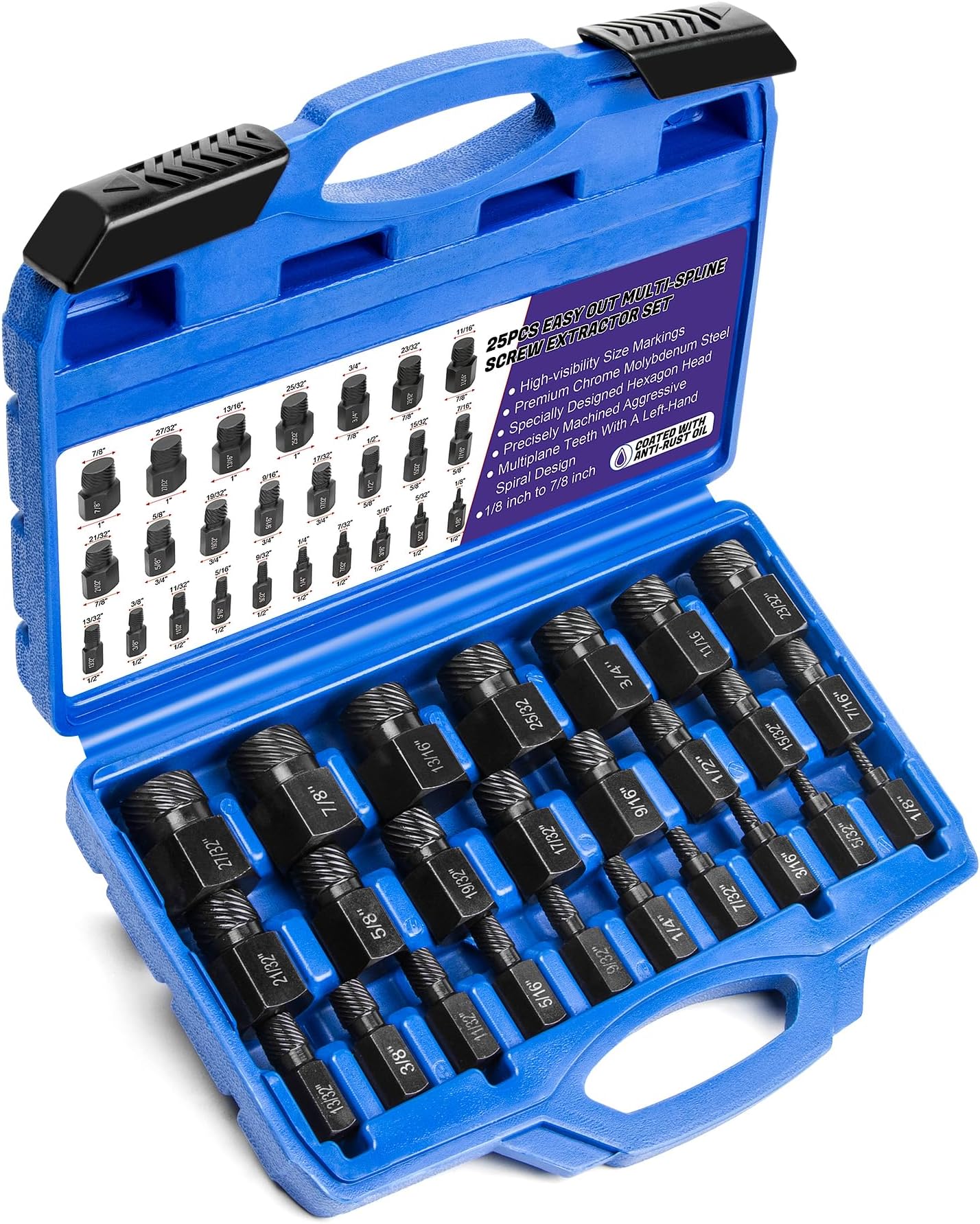 LLNDEI Screw Extractor Set Hex Head Multi-Spline Easy Out Bolt Extractor Set, EZ Out Rounded Screw Remover, 1/8 Inch to 7/8 Inch in 1/32-Inch Increments, CR-MO, 25 Pieces, Stripped Fastener Tool